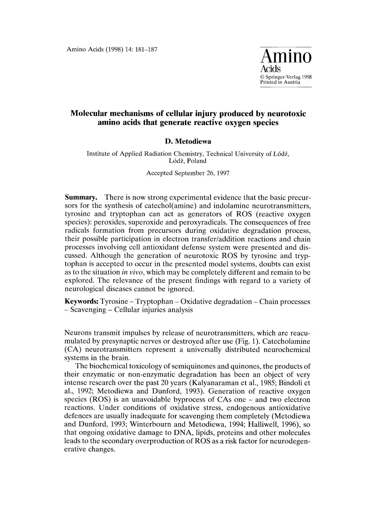 Molecular mechanisms of cellular injury produced by neurotoxic amino acids that generate reactive oxygen species by Unknown