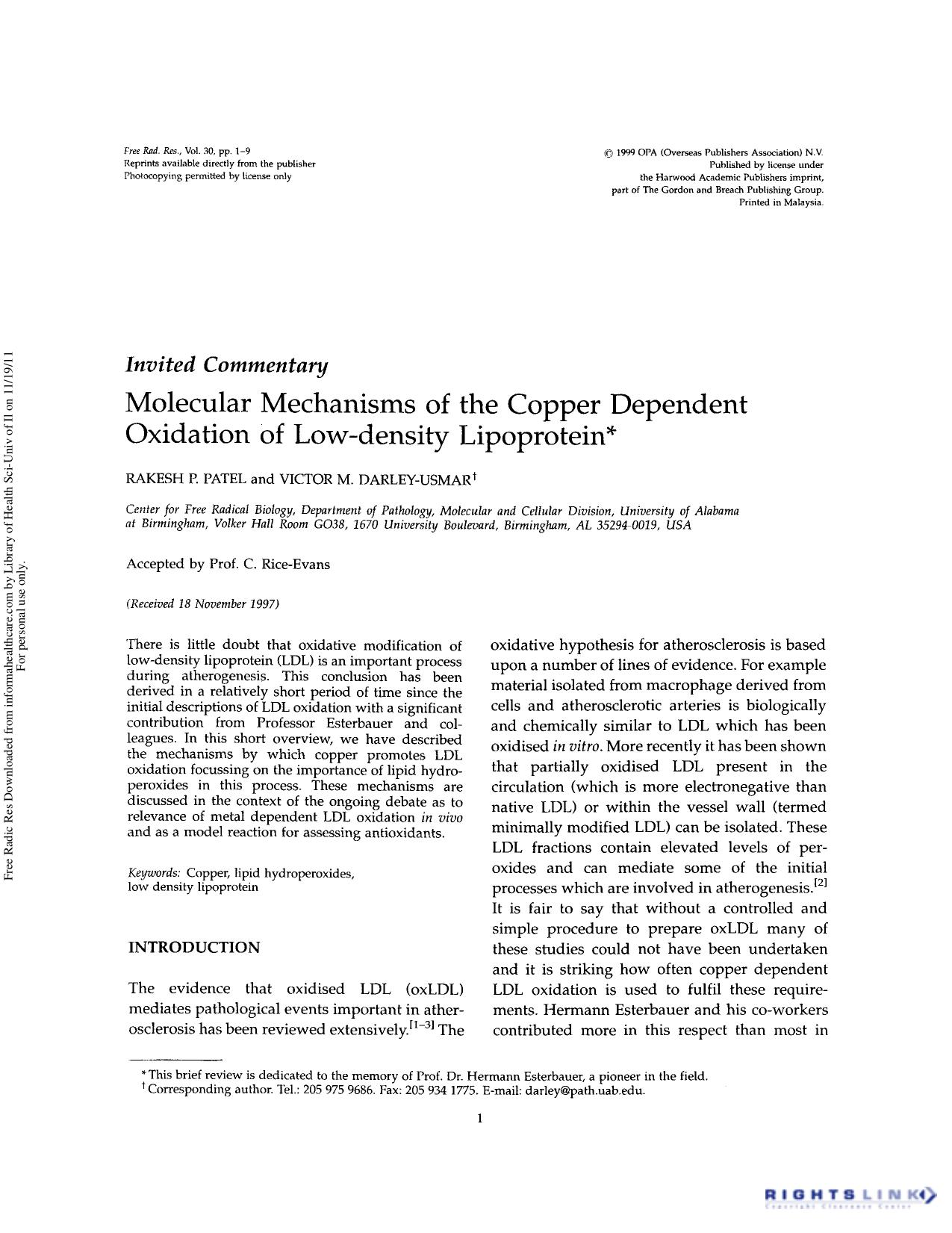 Molecular mechanisms of the copper dependent oxidation of low-density lipoprotein by Rakesh P. Patel & Victor M. Darley-Usmar