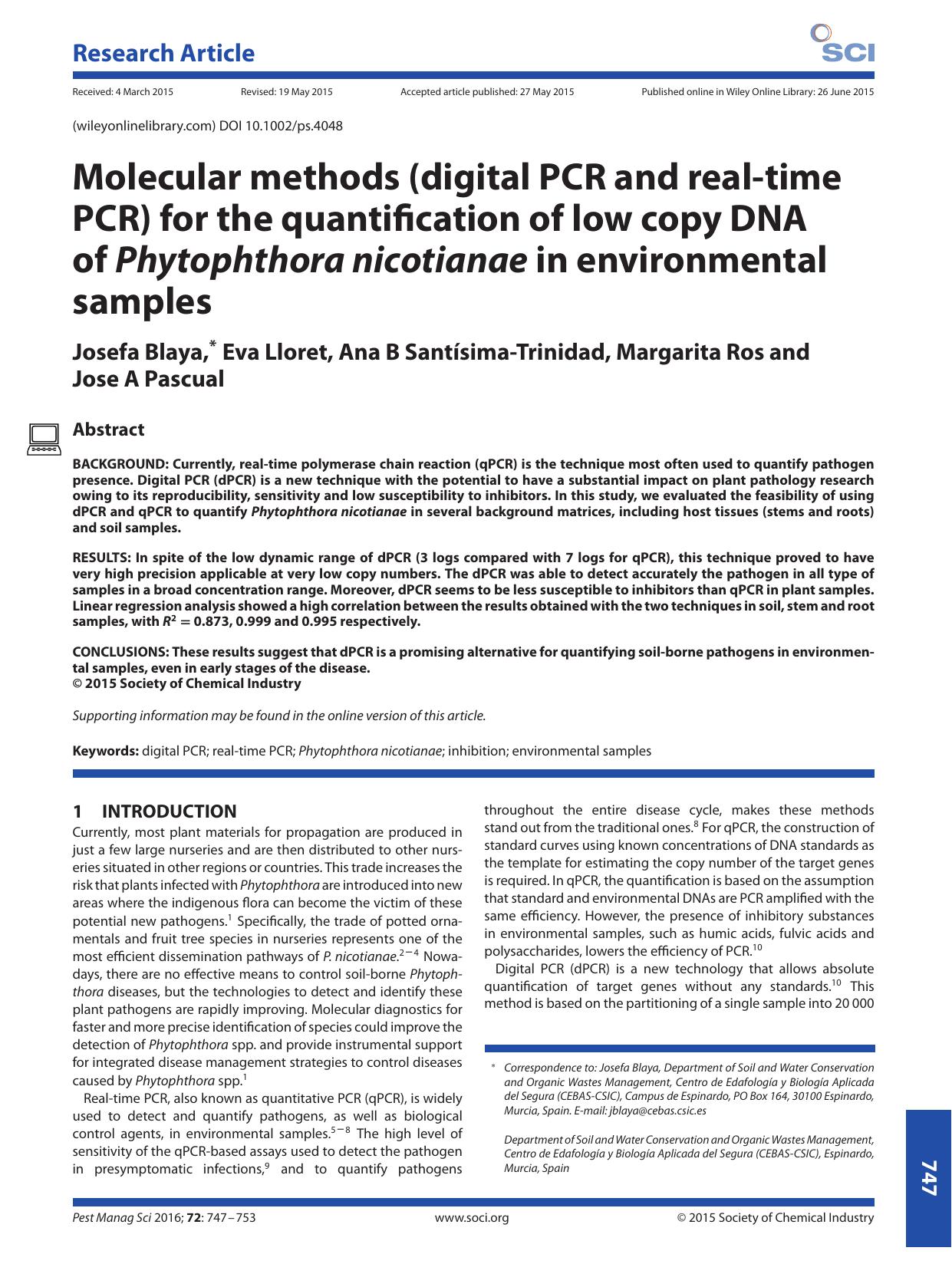 Molecular methods (digital PCR and real-time PCR) for the quantification of low copy DNA of Phytophthora nicotianae in environmental samples by Unknown