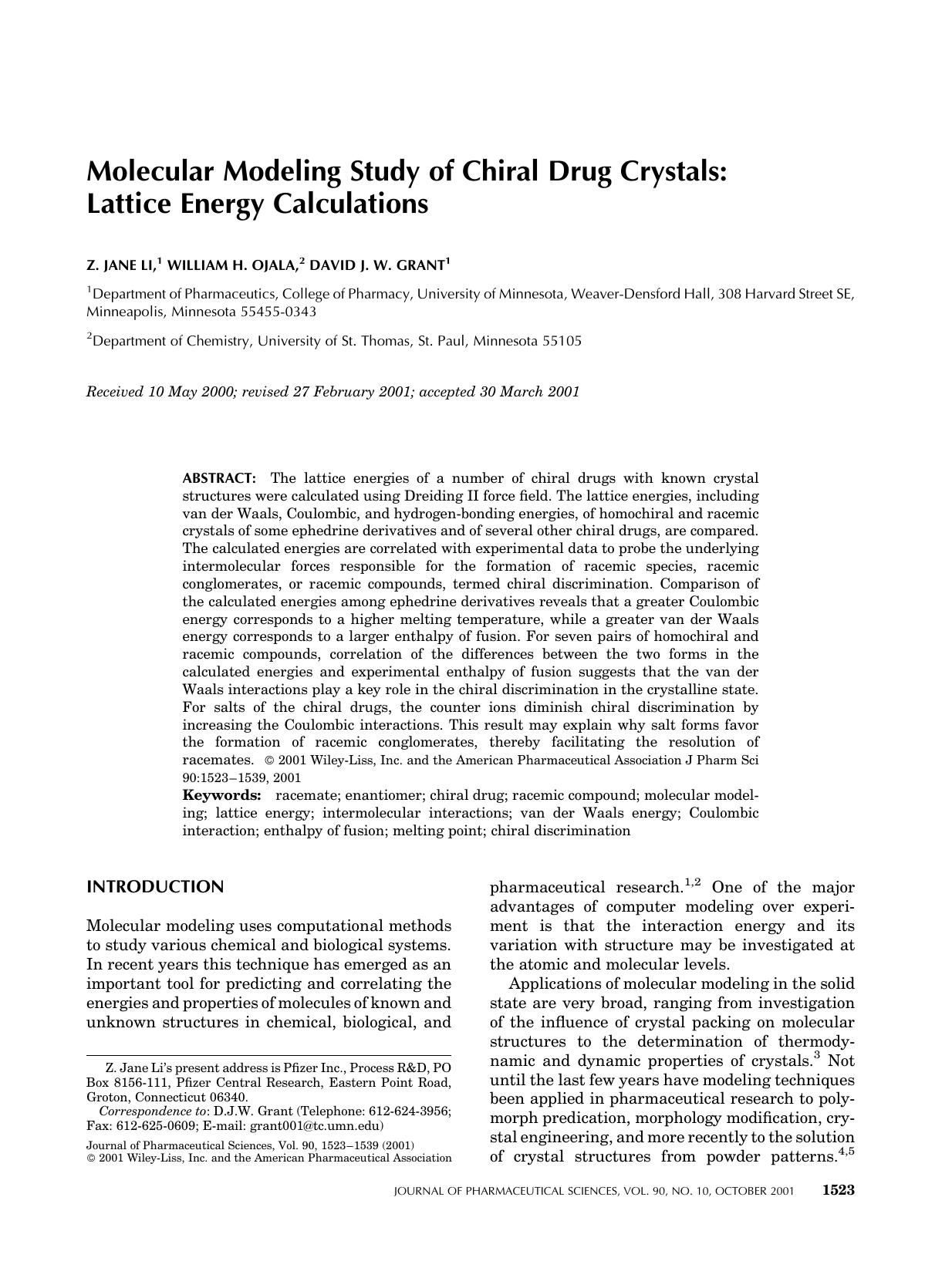 Molecular modeling study of chiral drug crystals: Lattice energy calculations by Unknown
