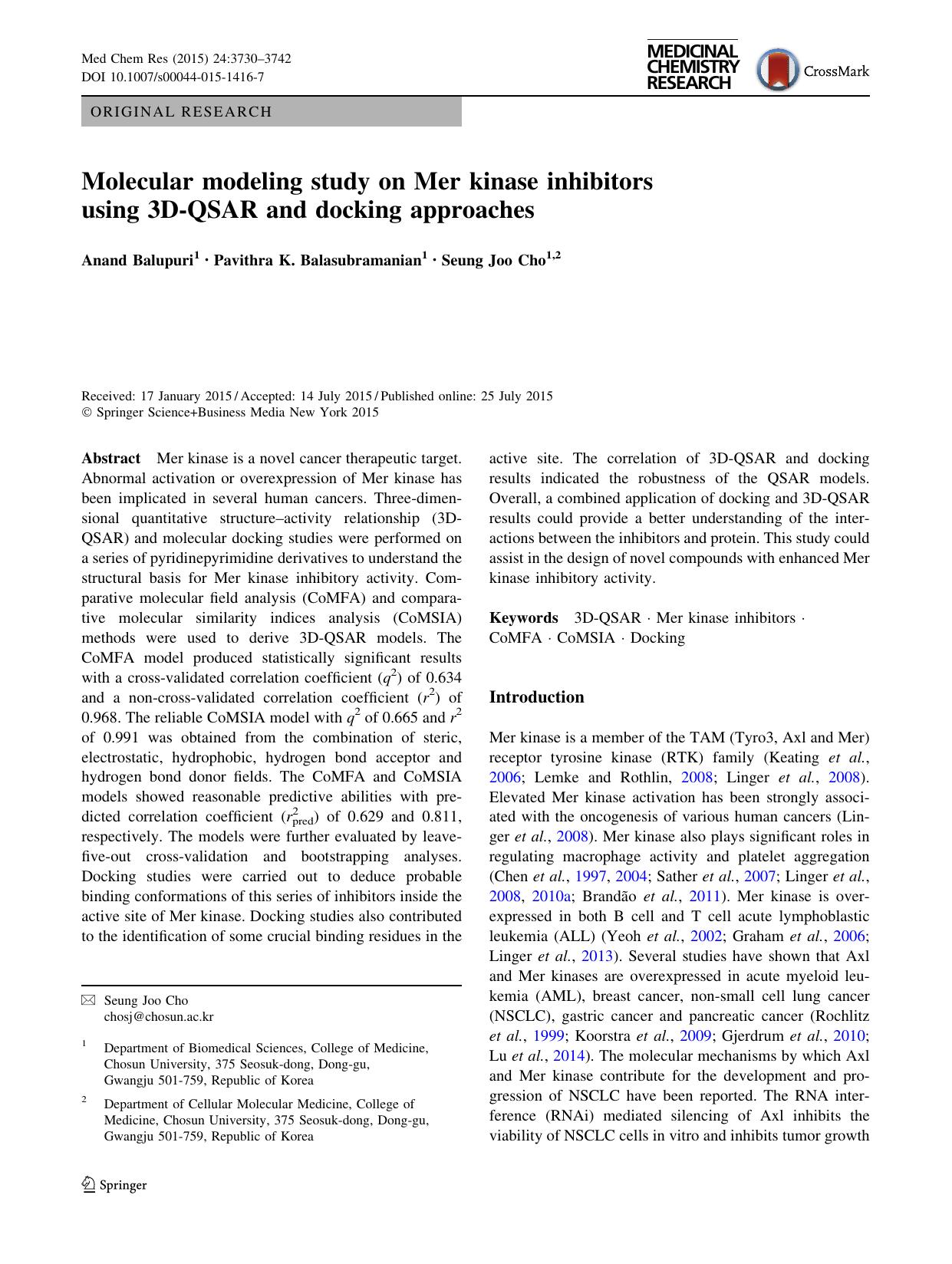 Molecular modeling study on Mer kinase inhibitors using 3D-QSAR and docking approaches by Anand Balupuri & Pavithra K. Balasubramanian & Seung Joo Cho