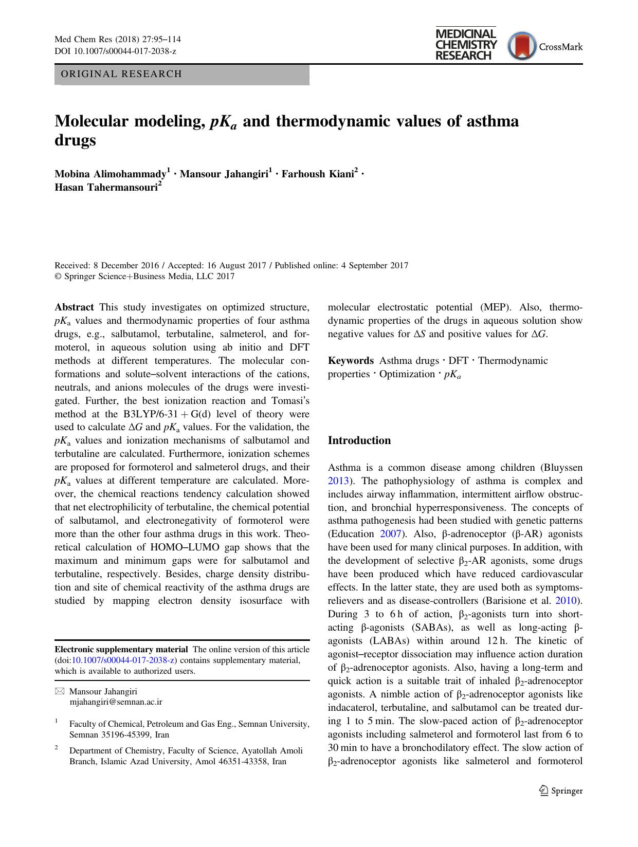 Molecular modeling, pKa and thermodynamic values of asthma drugs by Mobina Alimohammady & Mansour Jahangiri & Farhoush Kiani & Hasan Tahermansouri