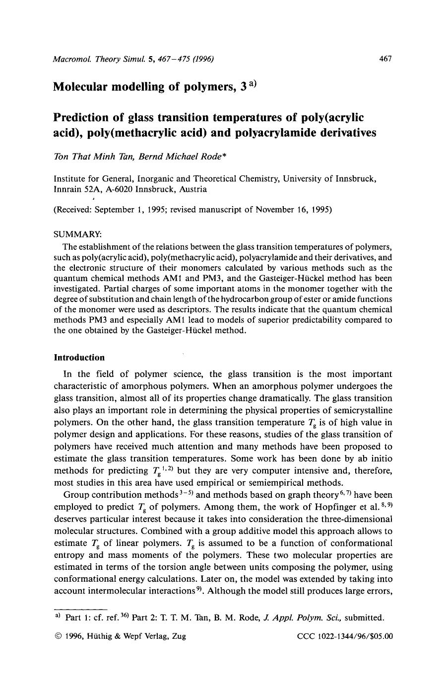 Molecular modelling of polymers, 3. Prediction of glass transition temperatures of poly(acrylic acid), poly(methacrylic acid) and polyacrylamide derivatives by Unknown
