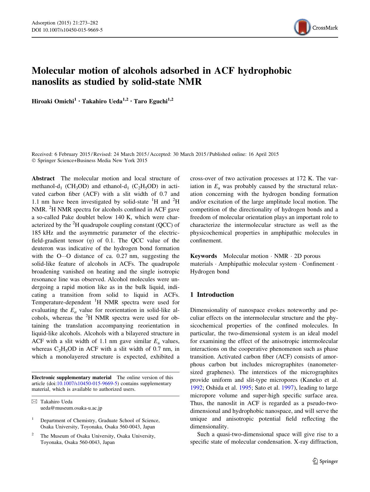 Molecular motion of alcohols adsorbed in ACF hydrophobic nanoslits as studied by solid-state NMR by Hiroaki Omichi & Takahiro Ueda & Taro Eguchi