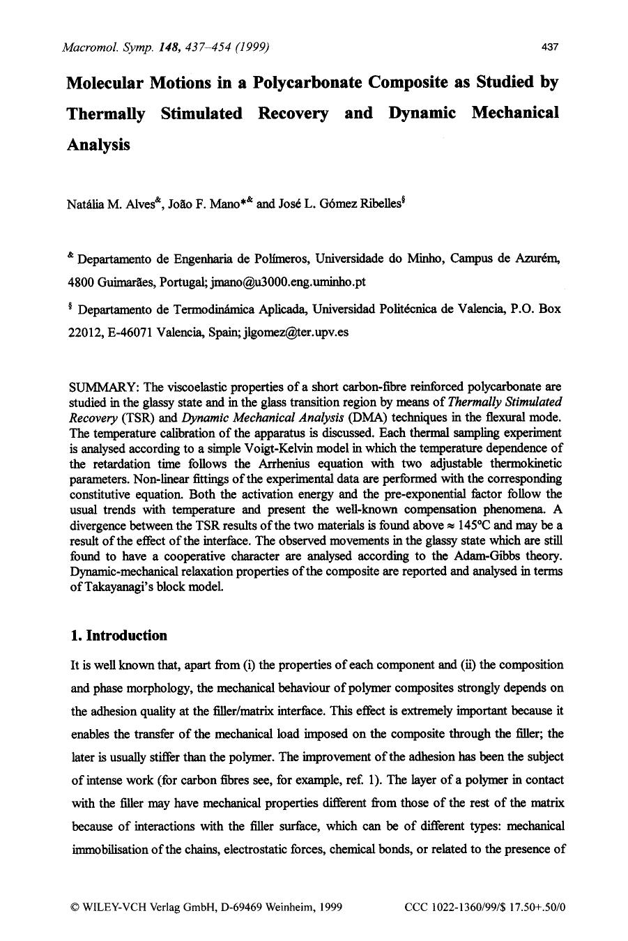 Molecular motions in a polycarbonate composite as studied by thermally stimulated recovery and dynamic mechanical analysis by Unknown
