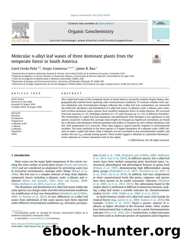 Molecular n-alkyl leaf waxes of three dominant plants from the temperate forest in South America by Carol Cerda-PeÃ±a & Sergio Contreras & Jaime R. Rau