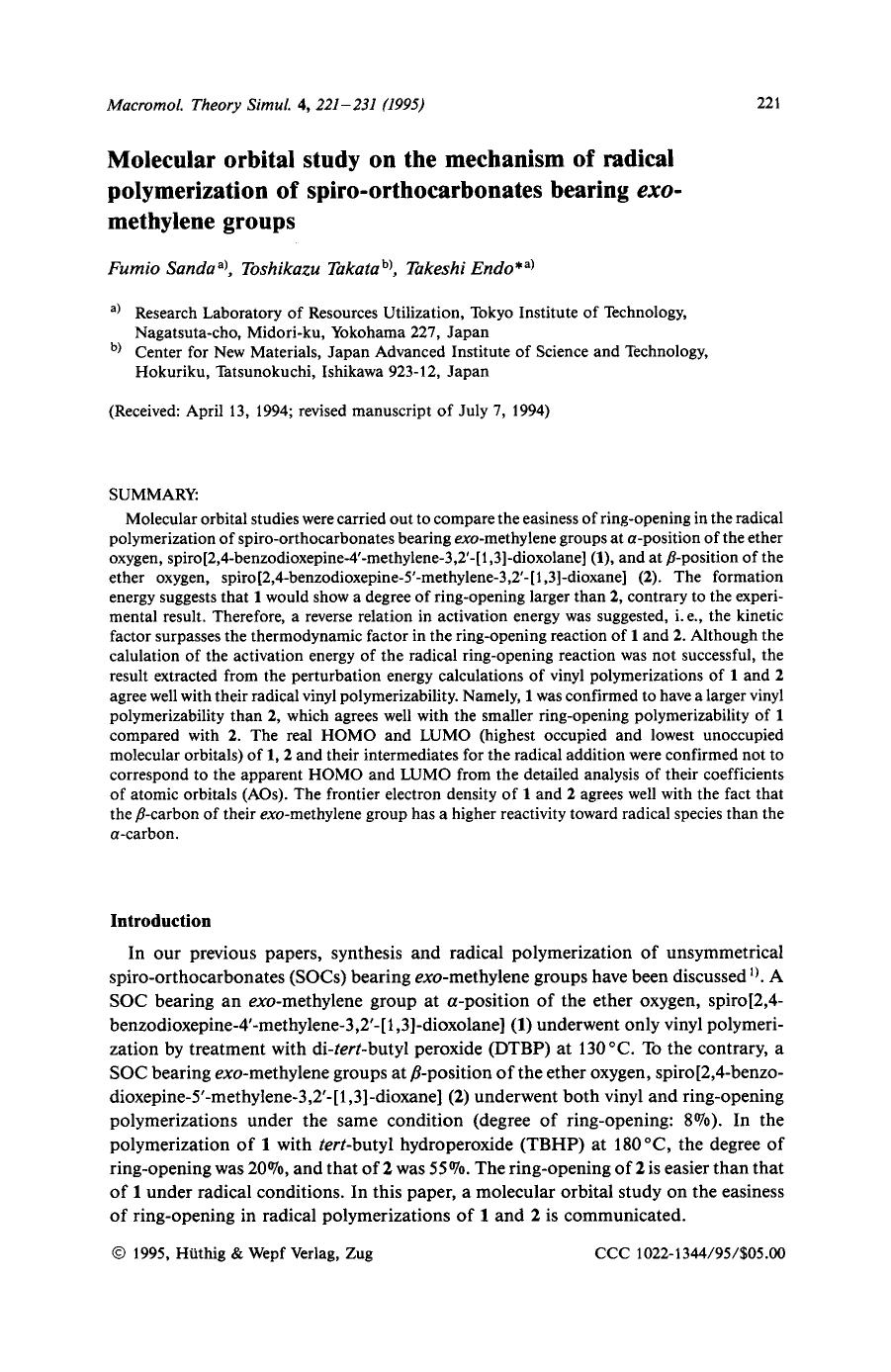 Molecular orbital study on the mechanism of radical polymerization of spiro-orthocarbonates bearing exo-methylene groups by Unknown