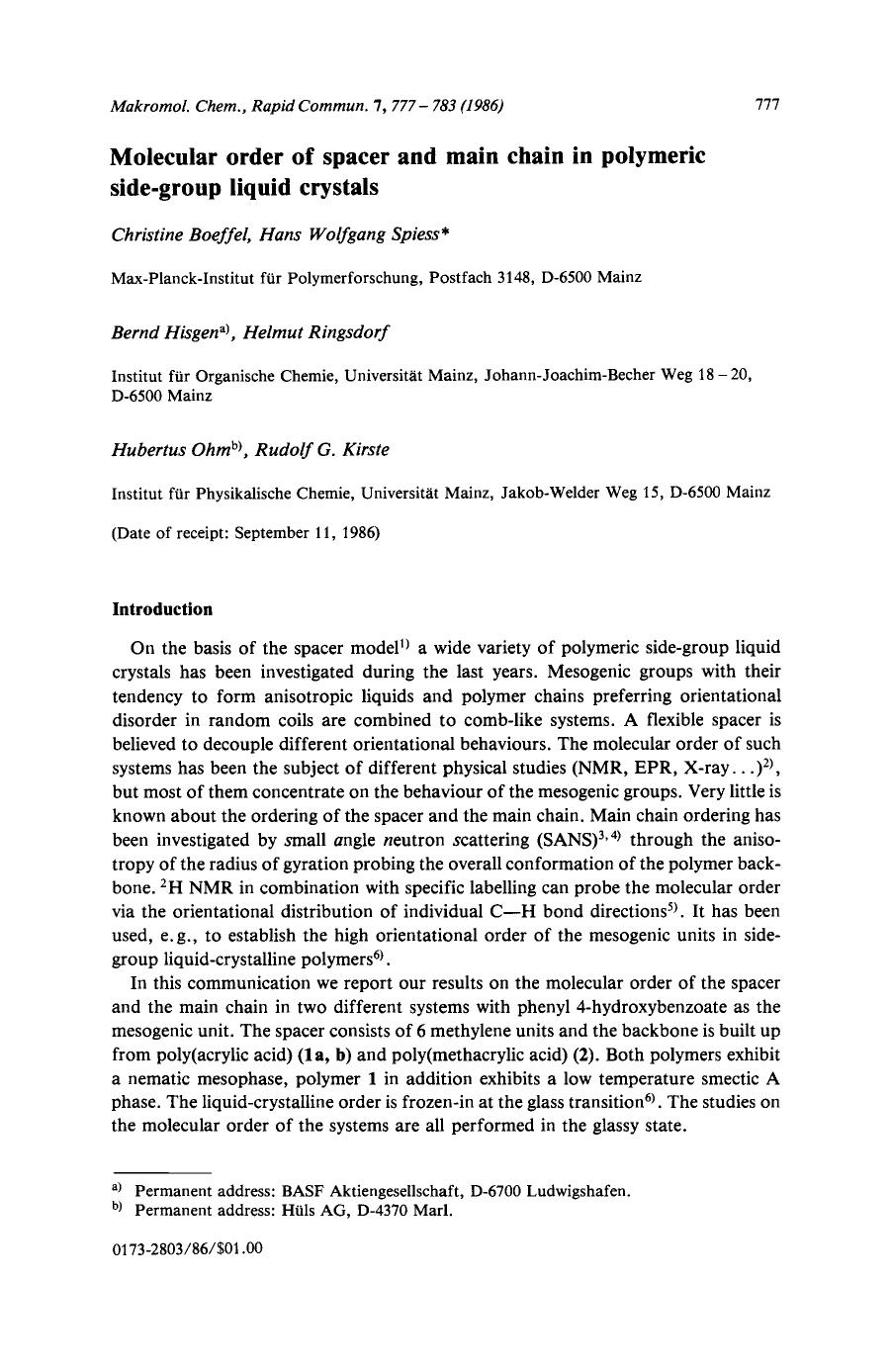 Molecular order of spacer and main chain in polymeric side-group liquid crystals by Unknown