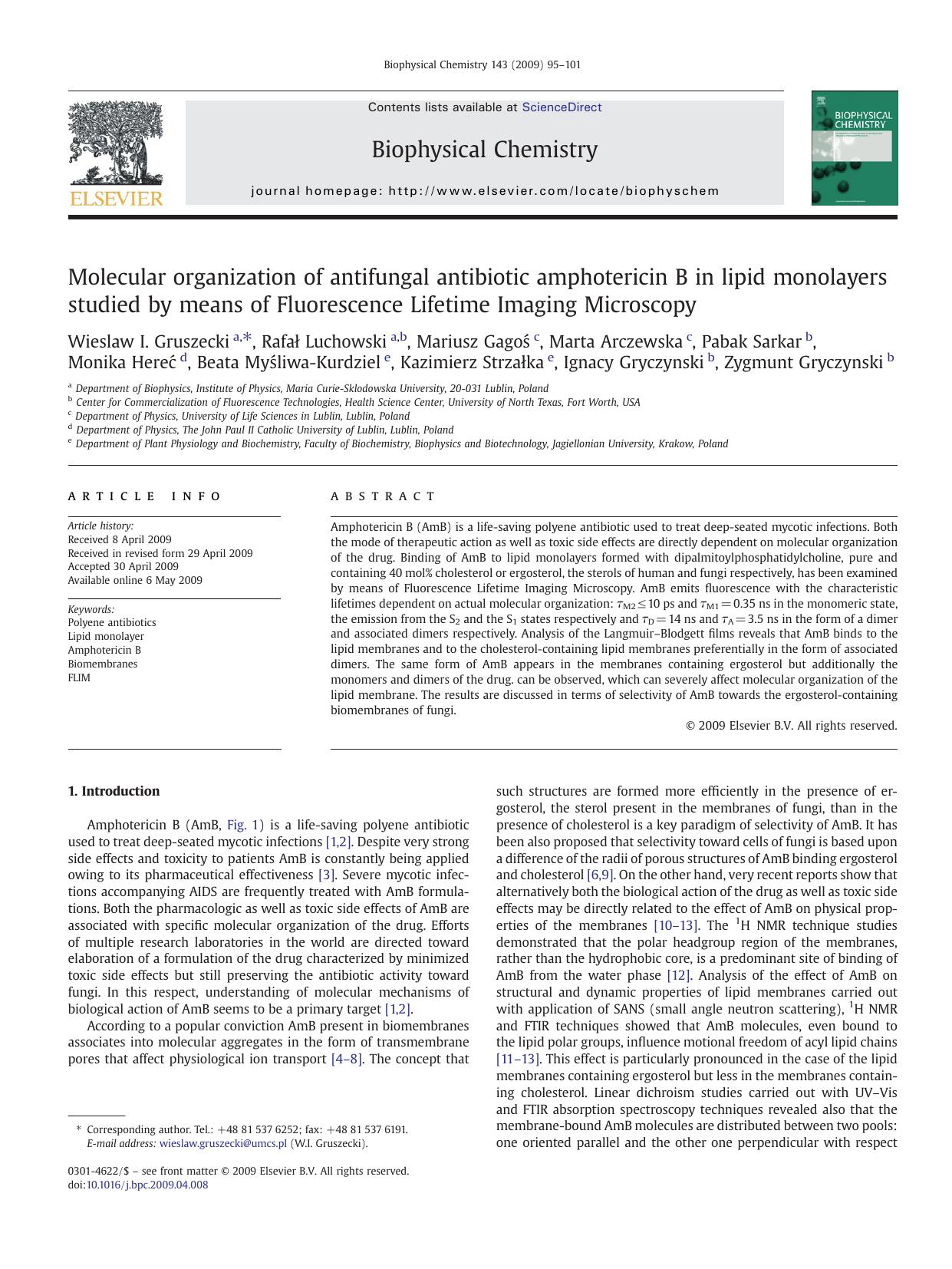 Molecular organization of antifungal antibiotic amphotericin B in lipid monolayers studied by means of Fluorescence Lifetime Imaging Microscopy by unknow
