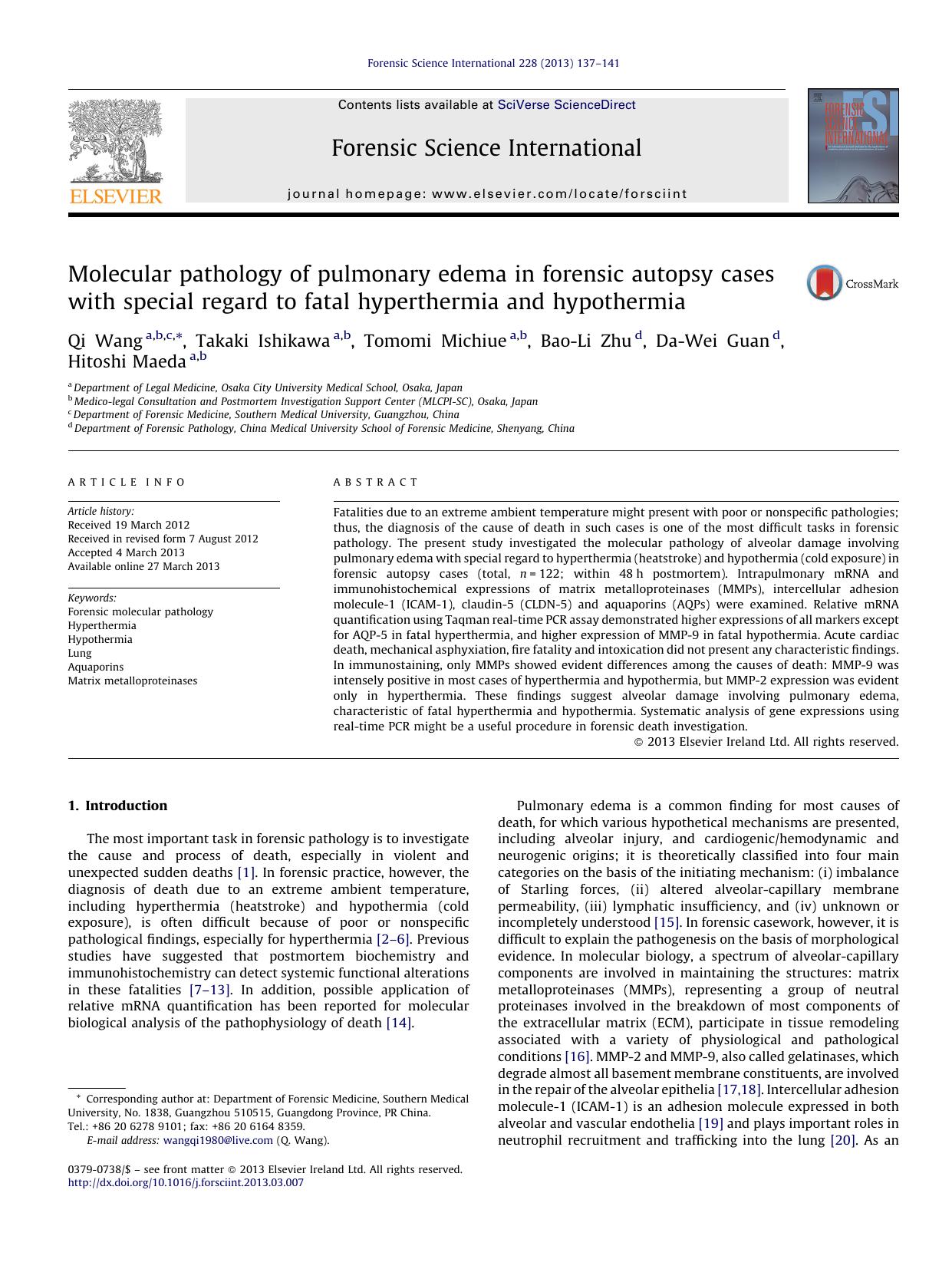 Molecular pathology of pulmonary edema in forensic autopsy cases with special regard to fatal hyperthermia and hypothermia by Qi Wang