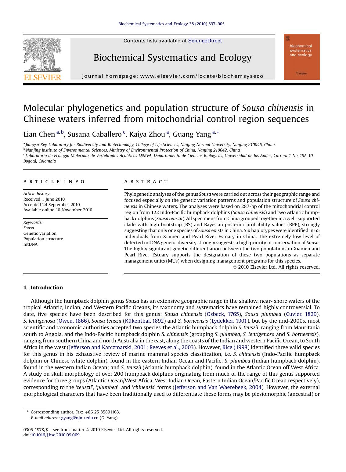 Molecular phylogenetics and population structure of Sousa chinensis in Chinese waters inferred from mitochondrial control region sequences by Lian Chen & Susana Caballero & Kaiya Zhou & Guang Yang