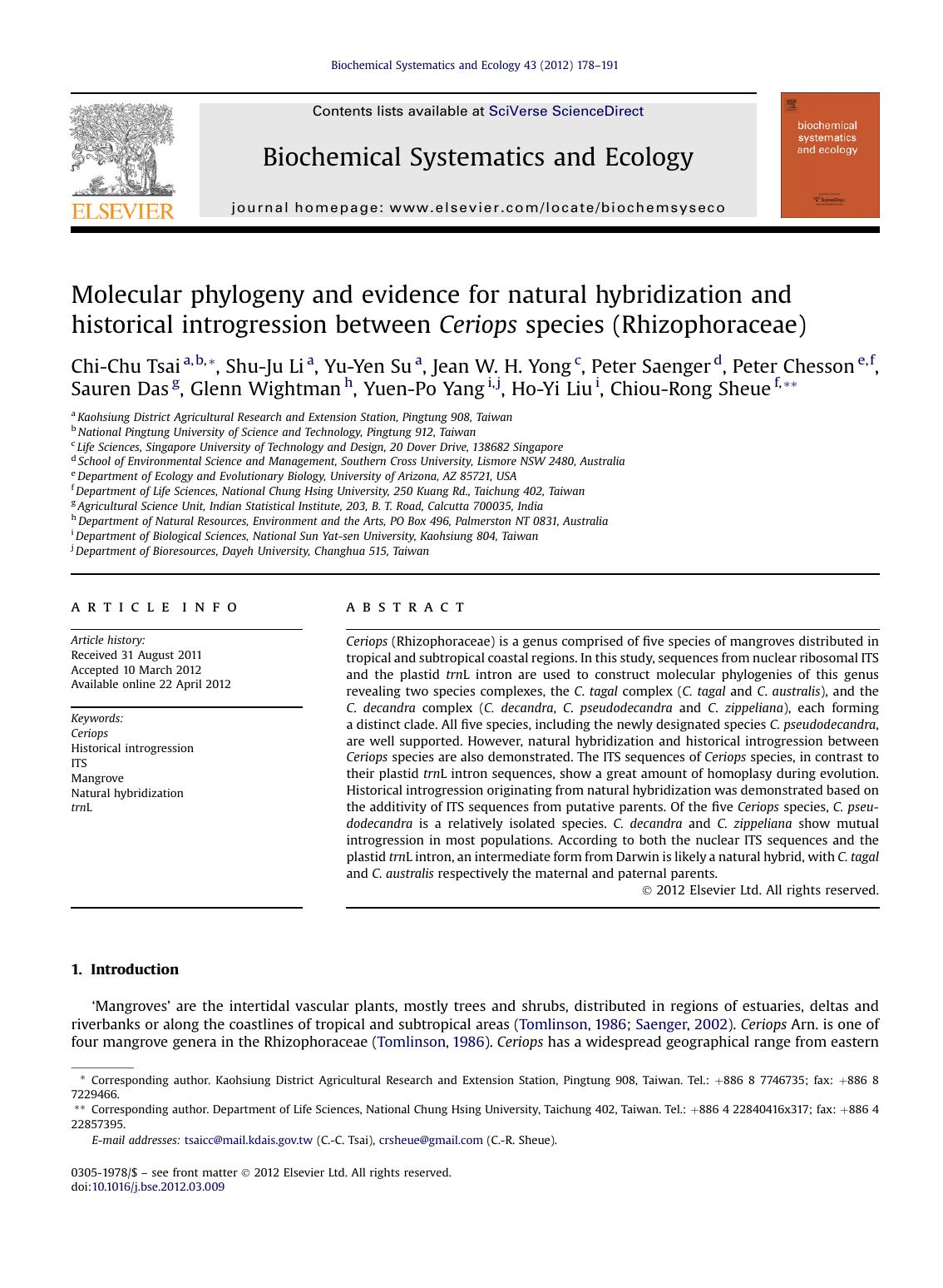Molecular phylogeny and evidence for natural hybridization and historical introgression between Ceriops species (Rhizophoraceae) by unknow