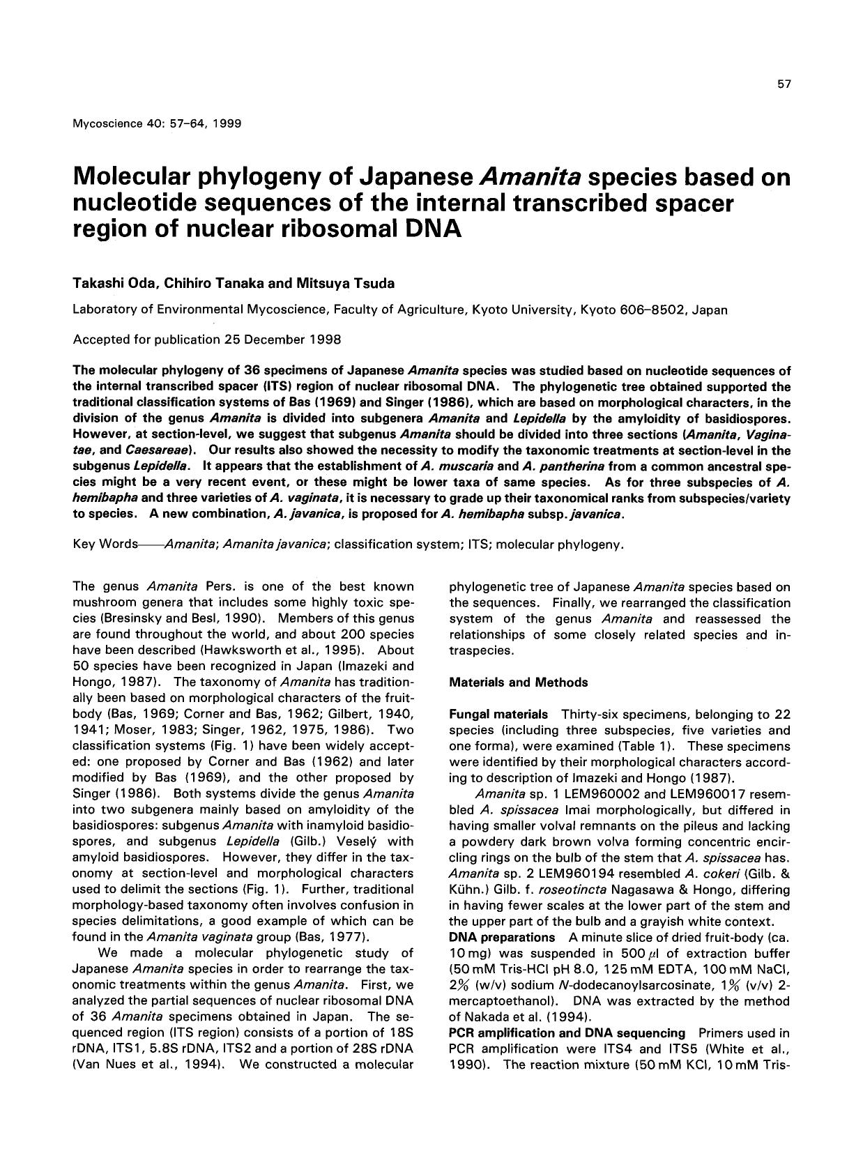 Molecular phylogeny of Japanese <Emphasis Type="Italic">Amanita <Emphasis> species based on nucleotide sequences of the internal transcribed spacer region of nuclear ribosomal DNA by Unknown