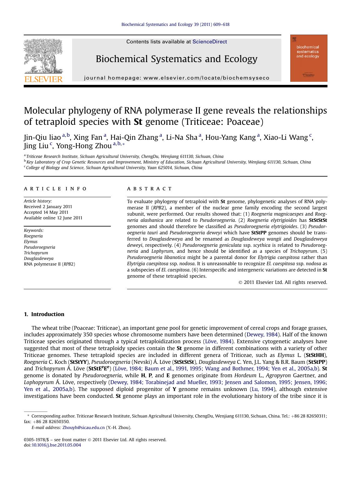 Molecular phylogeny of RNA polymerase II gene reveals the relationships of tetraploid species with St genome (Triticeae: Poaceae) by unknow