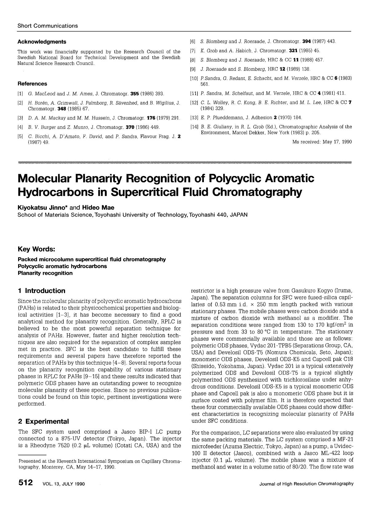 Molecular planarity recognition of polycyclic aromatic hydrocarbons in supercritical fluid chromatography by Unknown