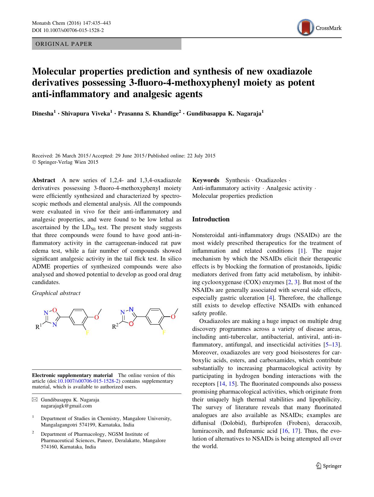 Molecular properties prediction and synthesis of new oxadiazole derivatives possessing 3-fluoro-4-methoxyphenyl moiety as potent anti-inflammatory and analgesic agents by Dinesha & Shivapura Viveka & Prasanna S. Khandige & Gundibasappa K. Nagaraja