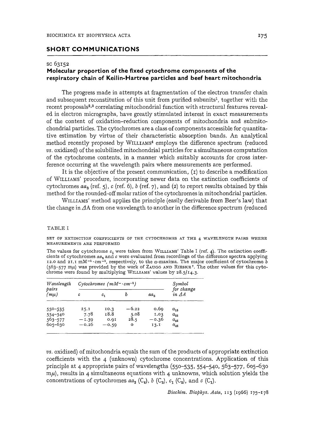 Molecular proportion of the fixed cytochrome components of the respiratory chain of Keilin-Hartree particles and beef heart mitochondria by Walter H. Vanneste