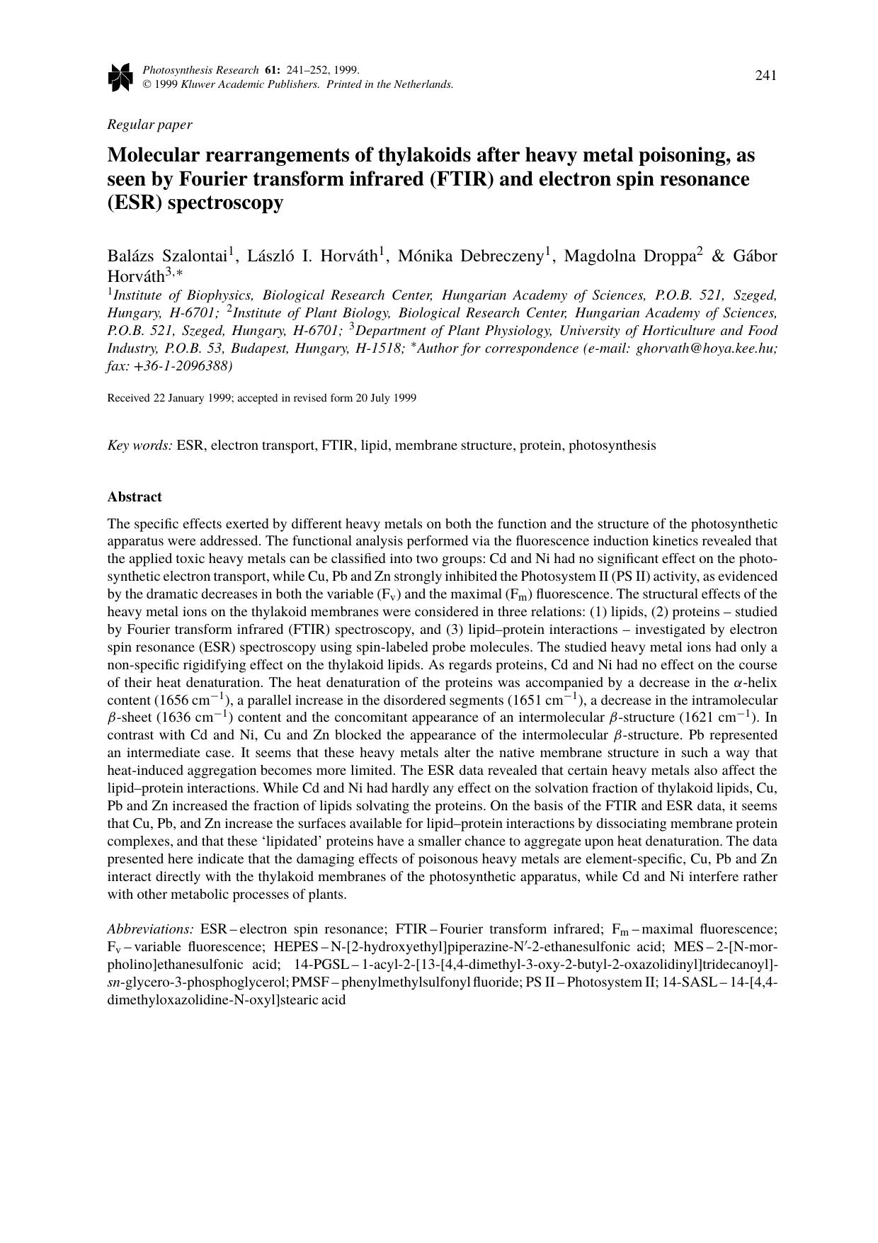 Molecular rearrangements of thylakoids after heavy metal poisoning, as seen by Fourier transform infrared (FTIR) and electron spin resonance (ESR) spectroscopy by Unknown