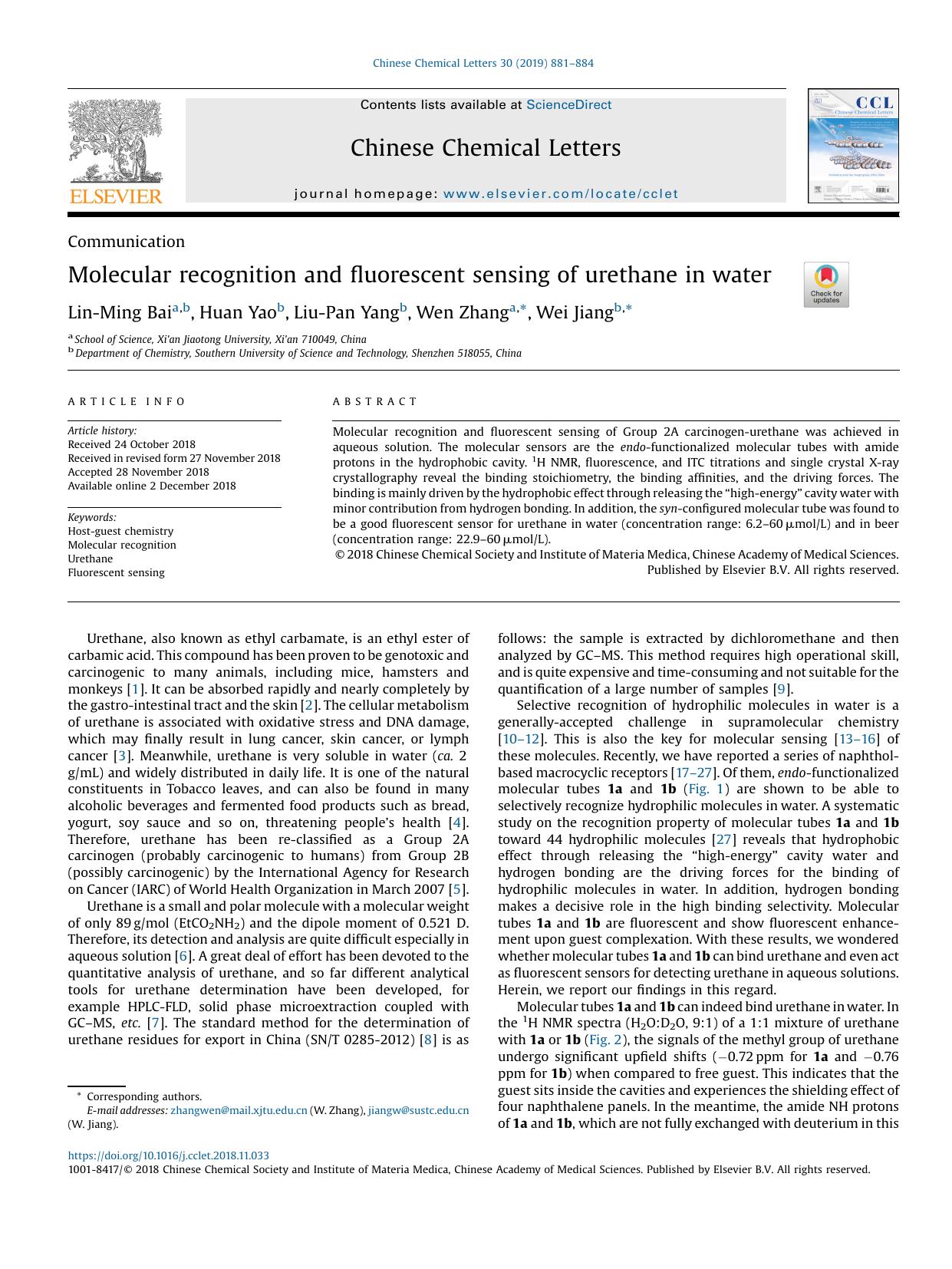 Molecular recognition and fluorescent sensing of urethane in water by Lin-Ming Bai & Huan Yao & Liu-Pan Yang & Wen Zhang & Wei Jiang
