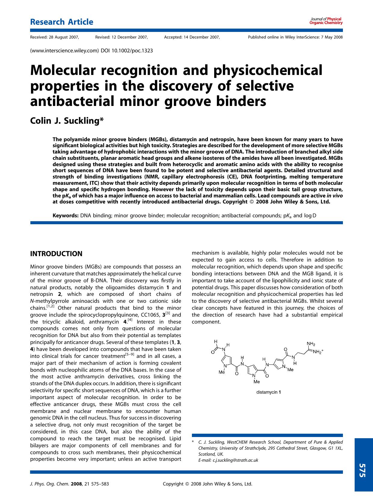 Molecular recognition and physicochemical properties in the discovery of selective antibacterial minor groove binders by Unknown