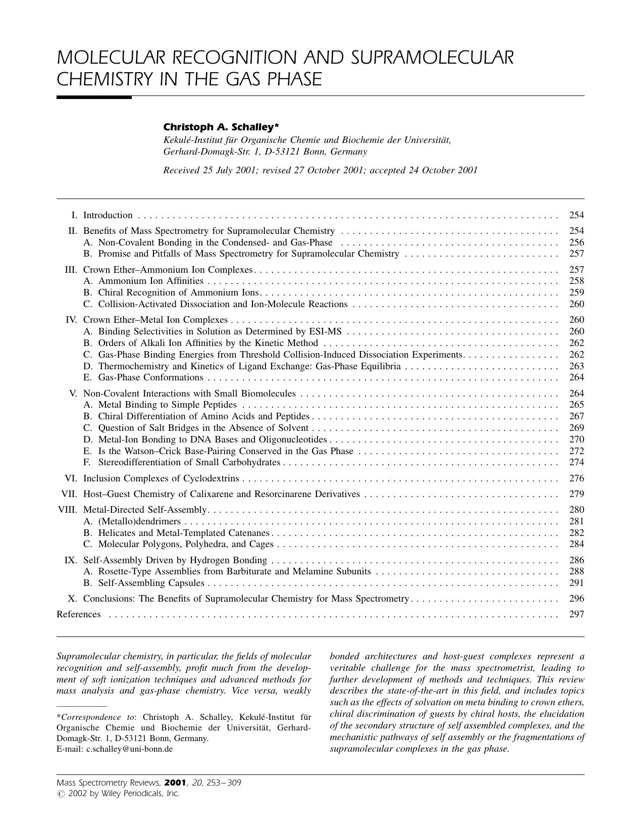 Molecular recognition and supramolecular chemistry in the gas phase by Unknown