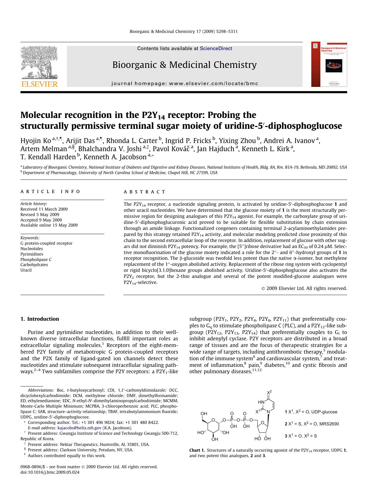 Molecular recognition in the P2Y14 receptor: Probing the structurally permissive terminal sugar moiety of uridine-5â²-diphosphoglucose by unknow
