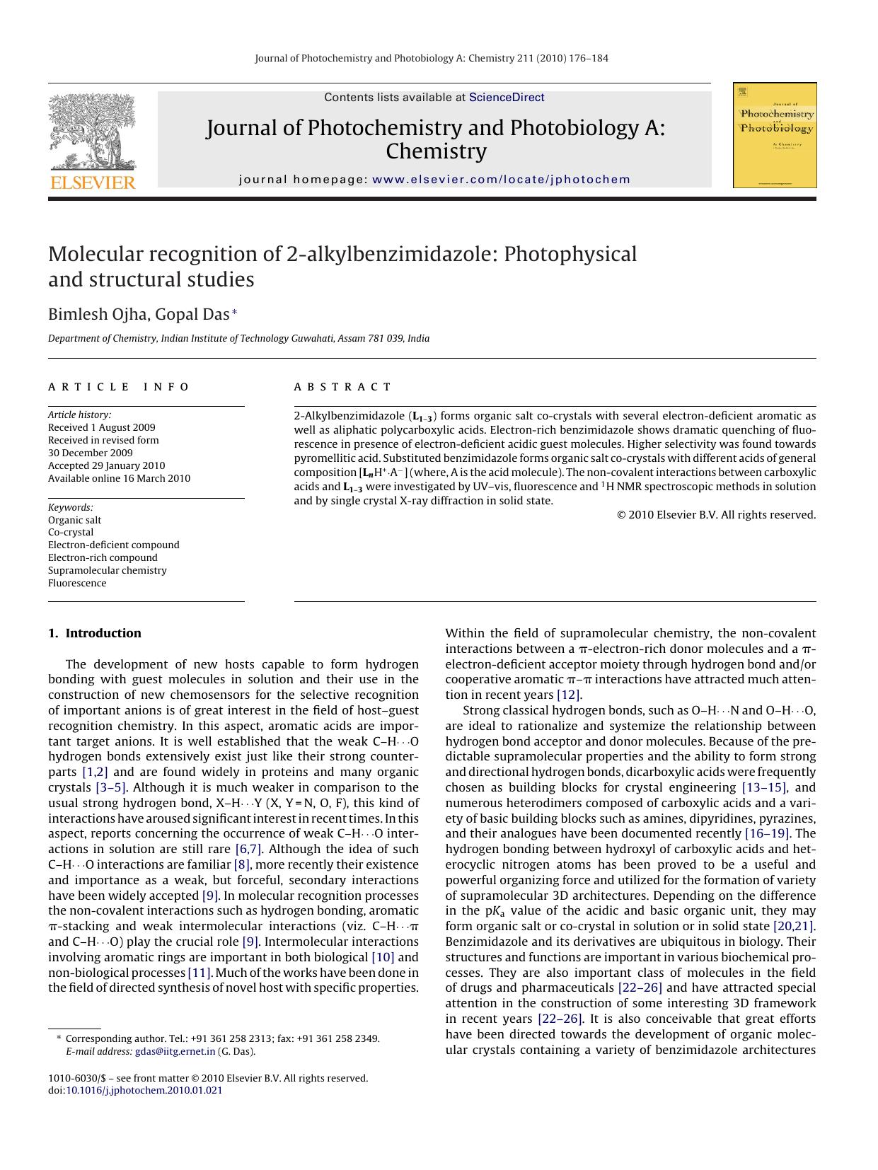 Molecular recognition of 2-alkylbenzimidazole: Photophysical and structural studies by Bimlesh Ojha; Gopal Das