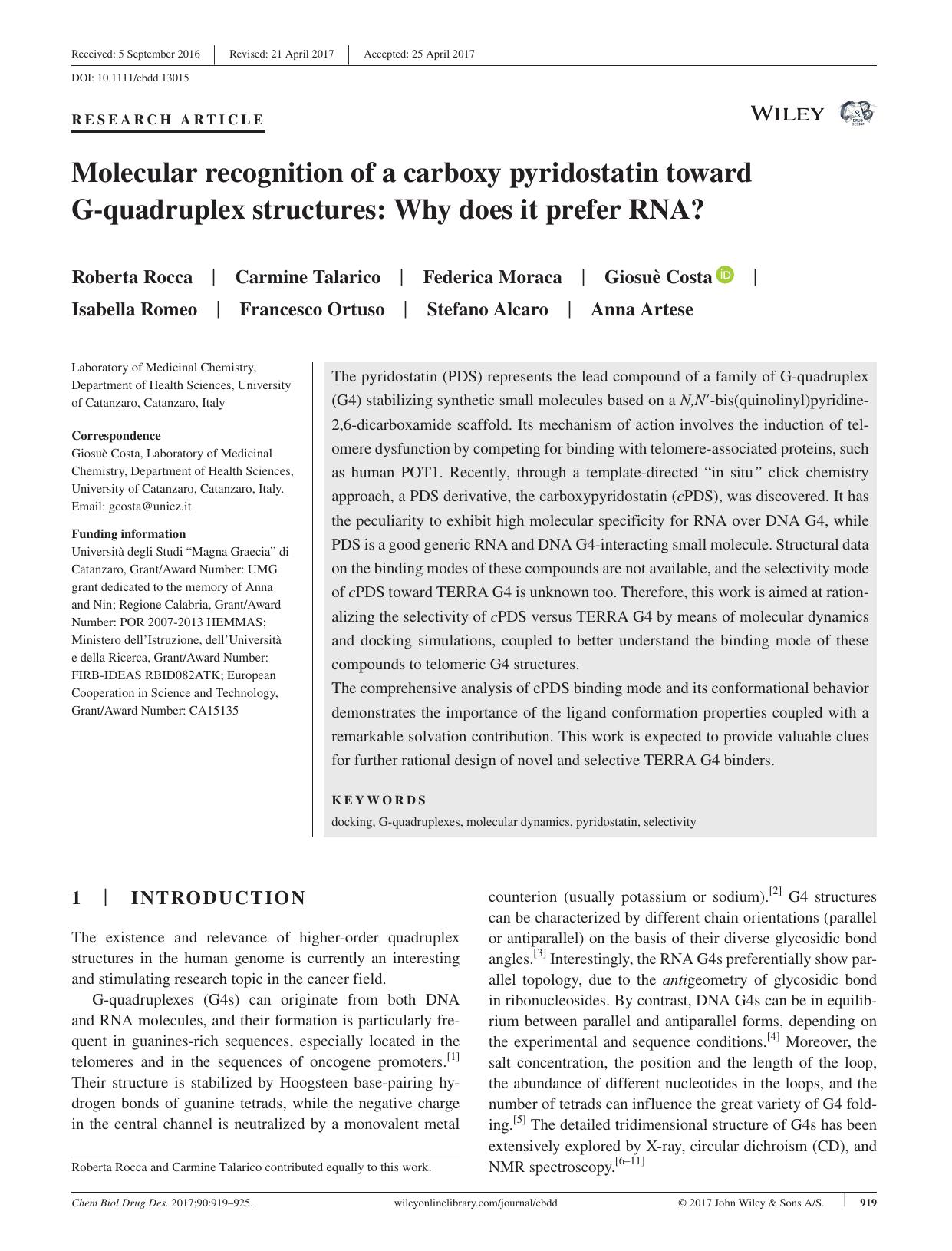 Molecular recognition of a carboxy pyridostatin toward G‐quadruplex structures: Why does it prefer RNA? by unknow