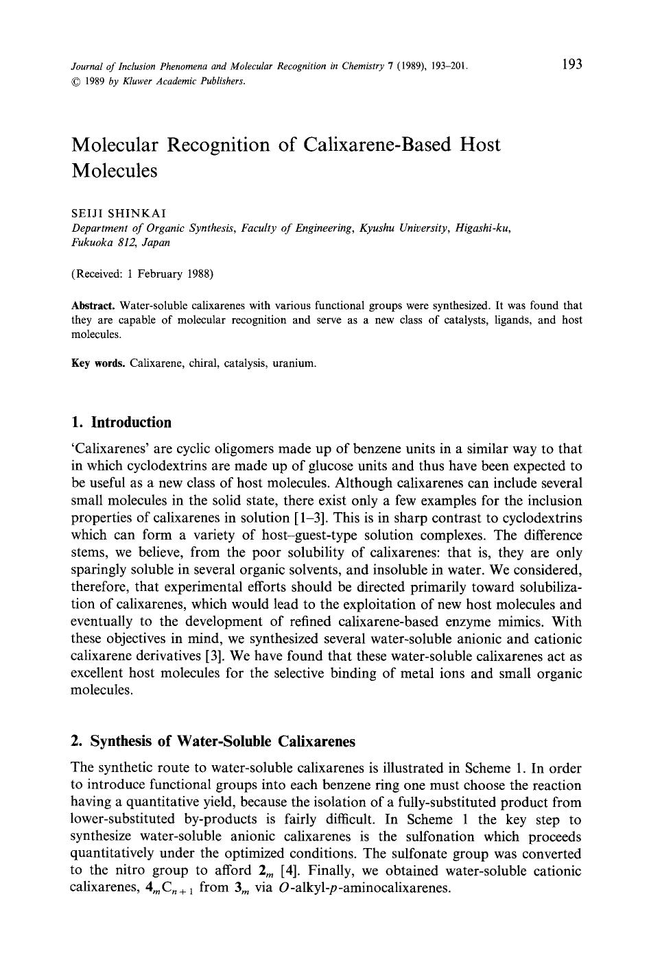 Molecular recognition of calixarene-based host molecules by Unknown