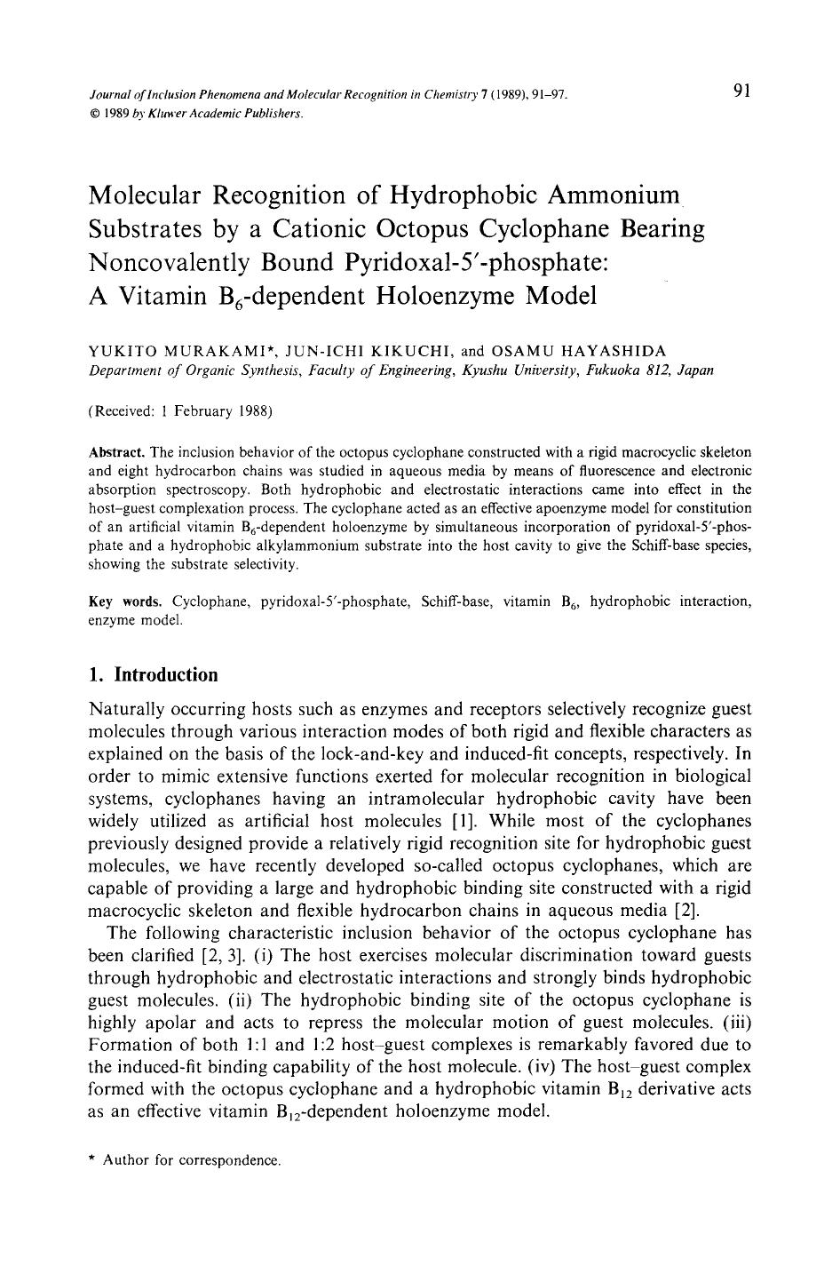 Molecular recognition of hydrophobic ammonium substrates by a cationic octopus cyclophane bearing noncovalently bound pyridoxal-5&#x2032;-phosphate: A vitamin B <Subscript>6 <Subsc by Unknown