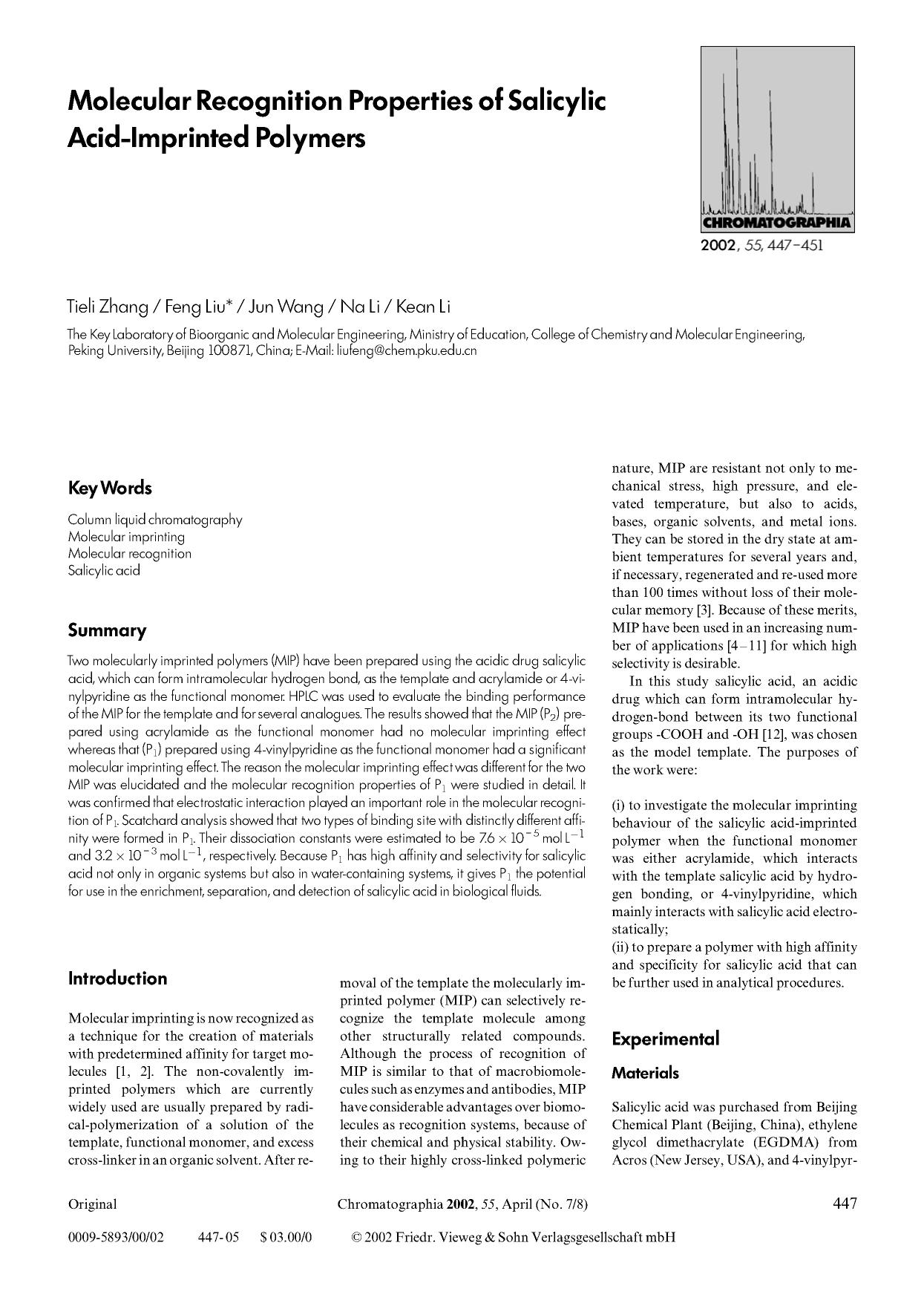 Molecular recognition properties of salicylic acid-imprinted polymers by Unknown