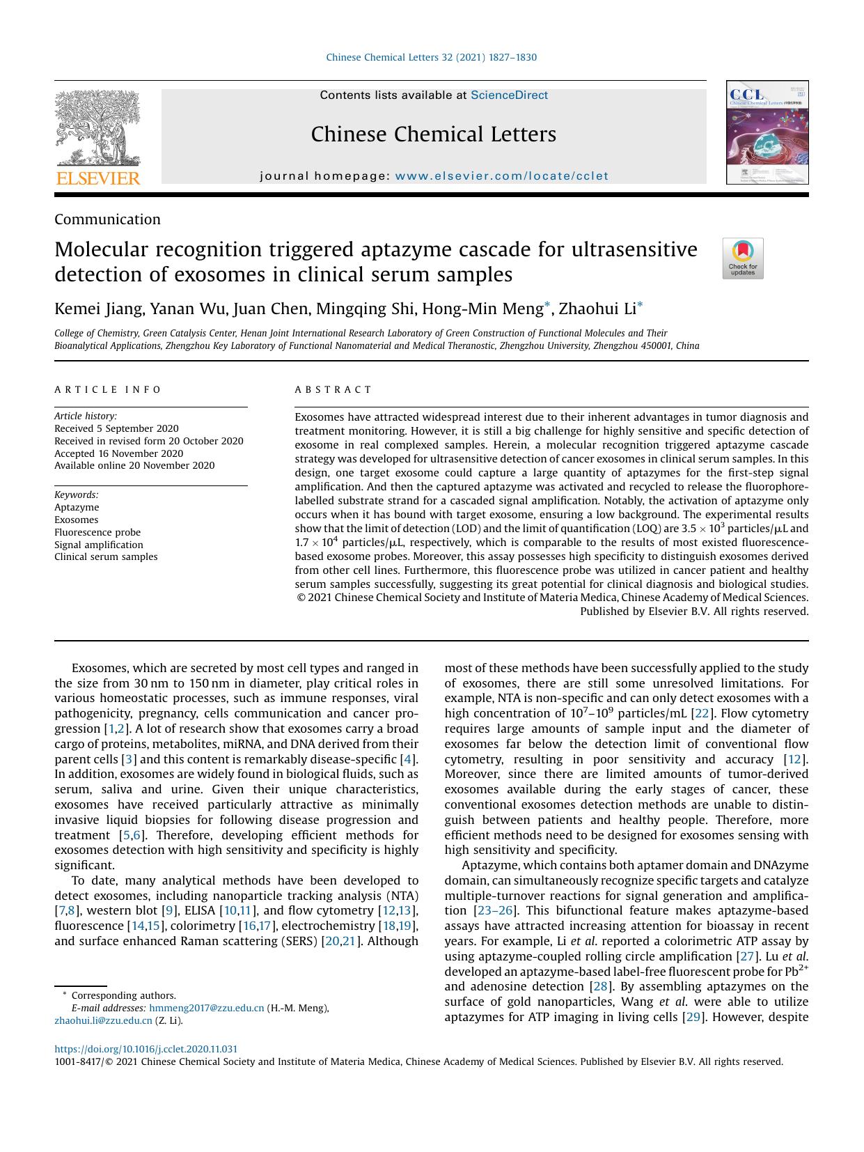 Molecular recognition triggered aptazyme cascade for ultrasensitive detection of exosomes in clinical serum samples by Kemei Jiang & Yanan Wu & Juan Chen & Mingqing Shi & Hong-Min Meng & Zhaohui Li