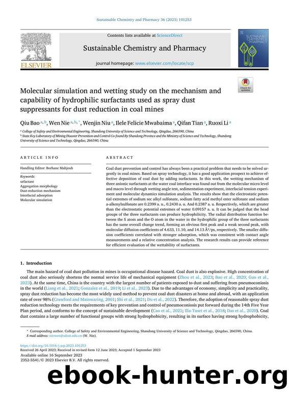 Molecular simulation and wetting study on the mechanism and capability of hydrophilic surfactants used as spray dust suppressants for dust reduction in coal mines by Qiu Bao & Wen Nie & Wenjin Niu & Ilele Felicie Mwabaima & Qifan Tian & Ruoxi Li