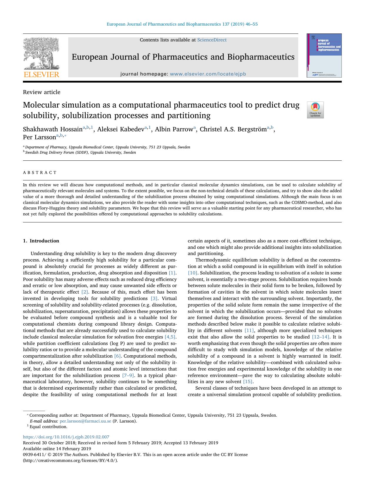 Molecular simulation as a computational pharmaceutics tool to predict drug solubility, solubilization processes and partitioning by Shakhawath Hossain & Aleksei Kabedev & Albin Parrow & Christel A.S. Bergström & Per Larsson