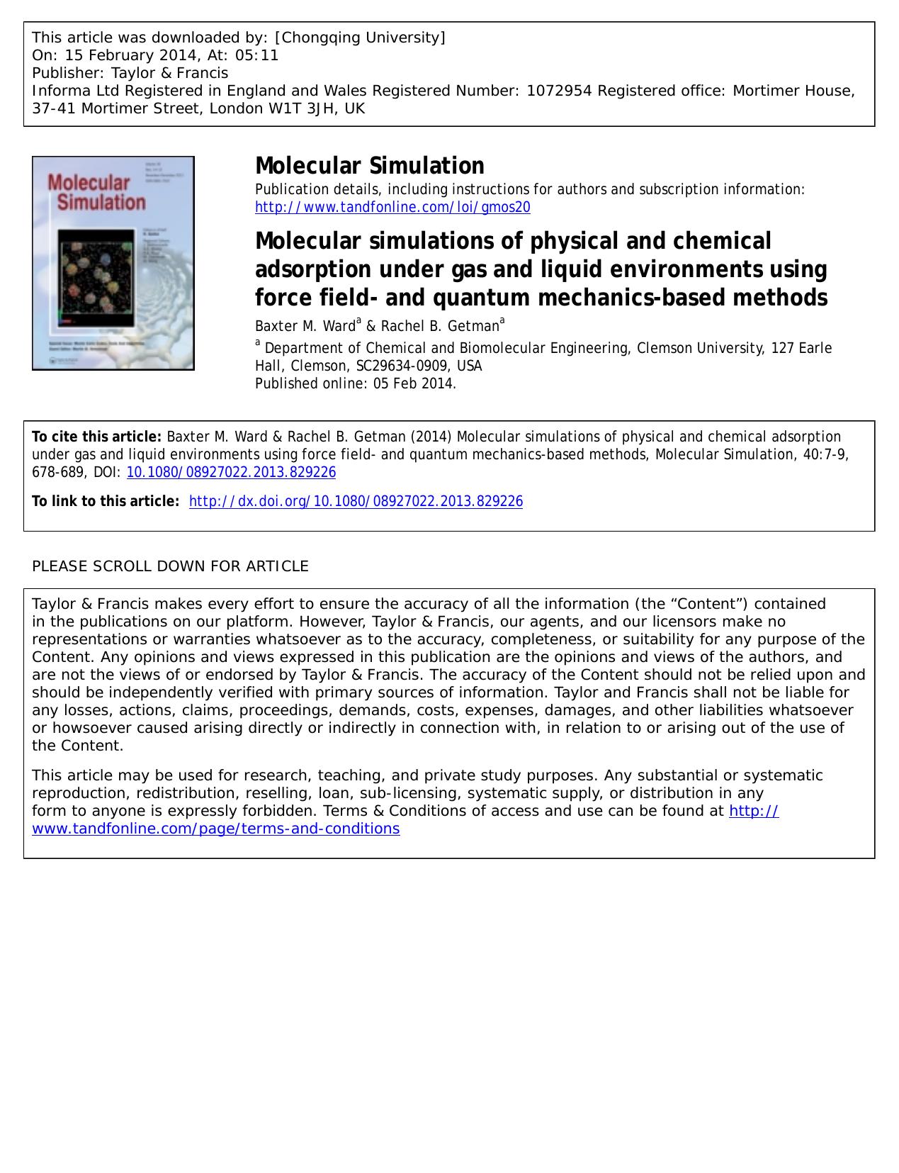 Molecular simulations of physical and chemical adsorption under gas and liquid environments using force field- and quantum mechanics-based methods by Baxter M. Ward & Rachel B. Getman