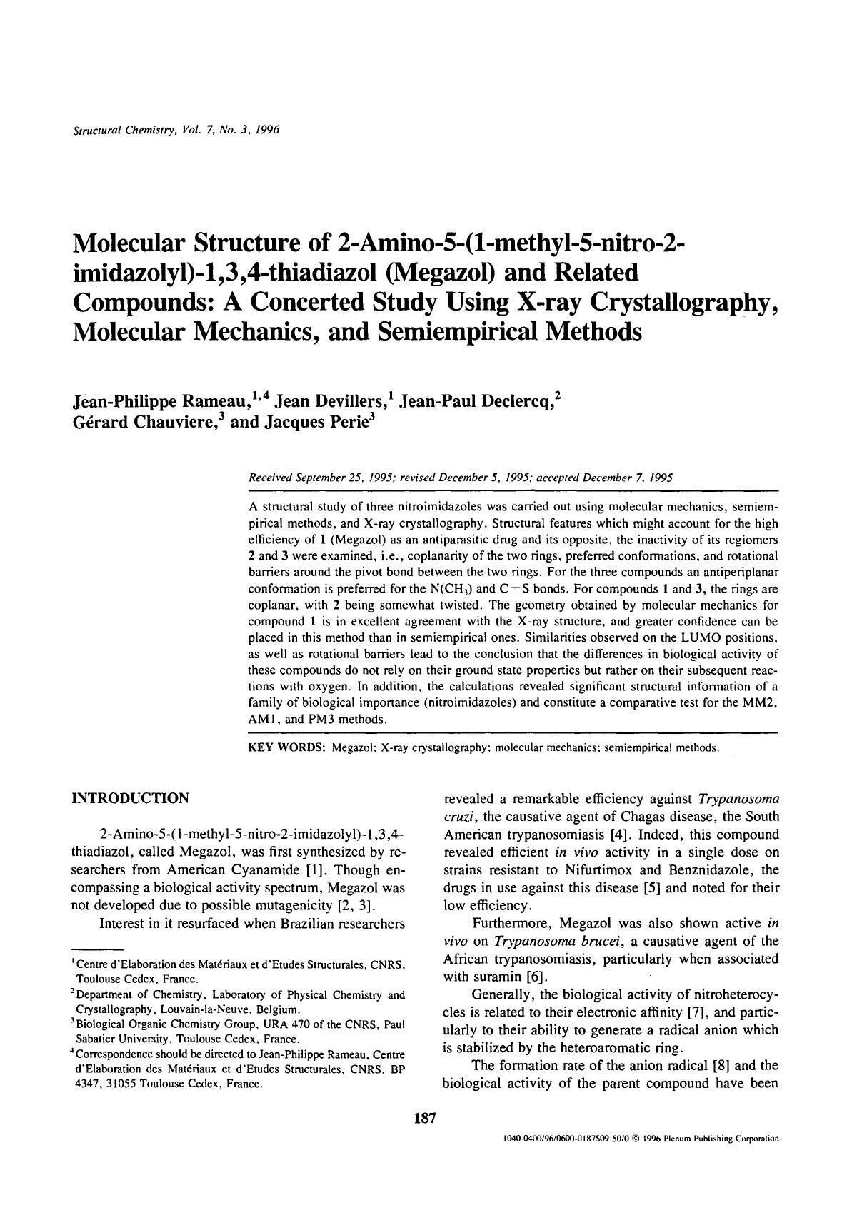 Molecular structure of 2-Amino-5-(1-methyl-5-nitro-2-imidazolyl)-1,3,4-thiadiazol (Megazol) and related compounds: A concerted study using X-ray crystallography, molecular mechanic by Unknown