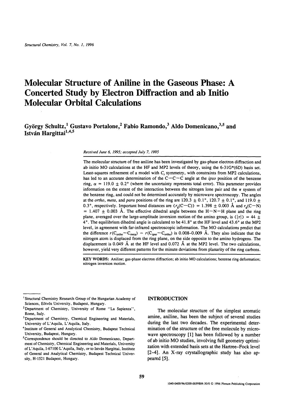 Molecular structure of aniline in the gaseous phase: A concerted study by electron diffraction and ab initio molecular orbital calculations by Unknown