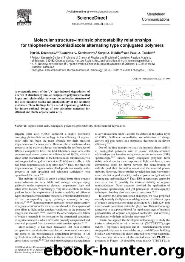Molecular structureâintrinsic photostability relationships for thiophene-benzothiadiazole alternating type conjugated polymers by Petr M. Kuznetsov & Ekaterina A. Komissarova & Sergei A. Kuklin & Pavel A. Troshin