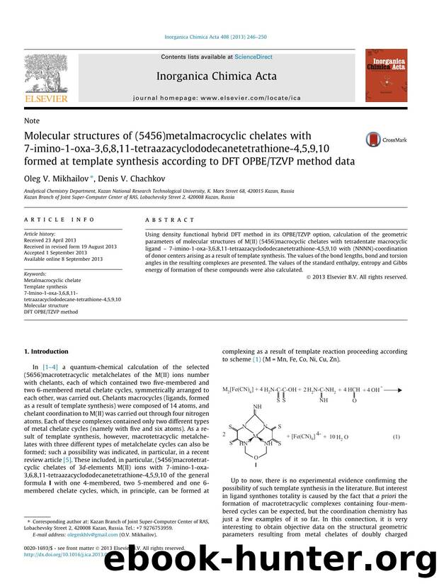 Molecular structures of (5456)metalmacrocyclic chelates with 7-imino-1-oxa-3,6,8,11-tetraazacyclododecanetetrathione-4,5,9,10 formed at template synthesis according to DFT OPBETZVP method data by Oleg V. Mikhailov & Denis V. Chachkov