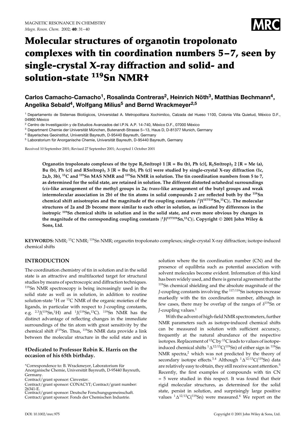Molecular structures of organotin tropolonato complexes with tin coordination numbers 5-7, seen by single-crystal x-ray diffraction and solid- and solution-state 119Sn NMR by Unknown