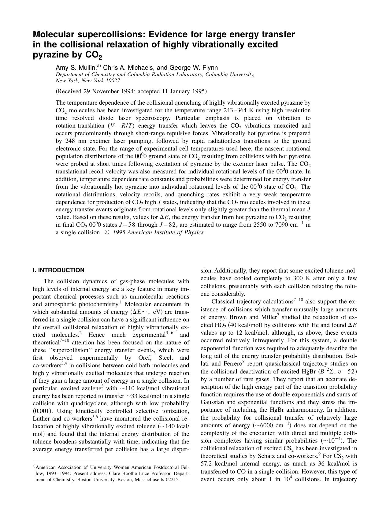 Molecular supercollisions: Evidence for large energy by Amy S. Mullin & Chris A. Michaels & and George W