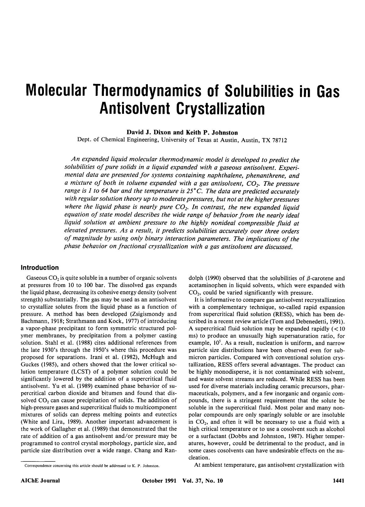 Molecular thermodynamics of solubilities in gas antisolvent crystallization by Unknown