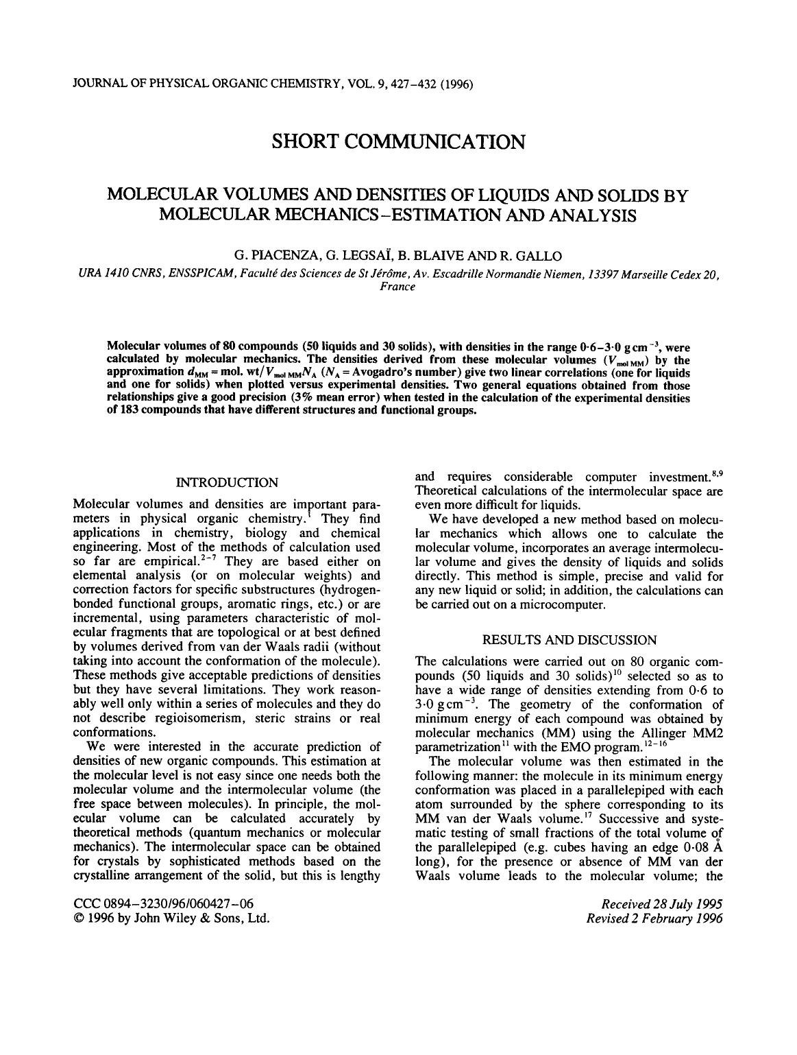 Molecular volumes and densities of liquids and solids by molecular mechanics-estimation and analysis by Unknown