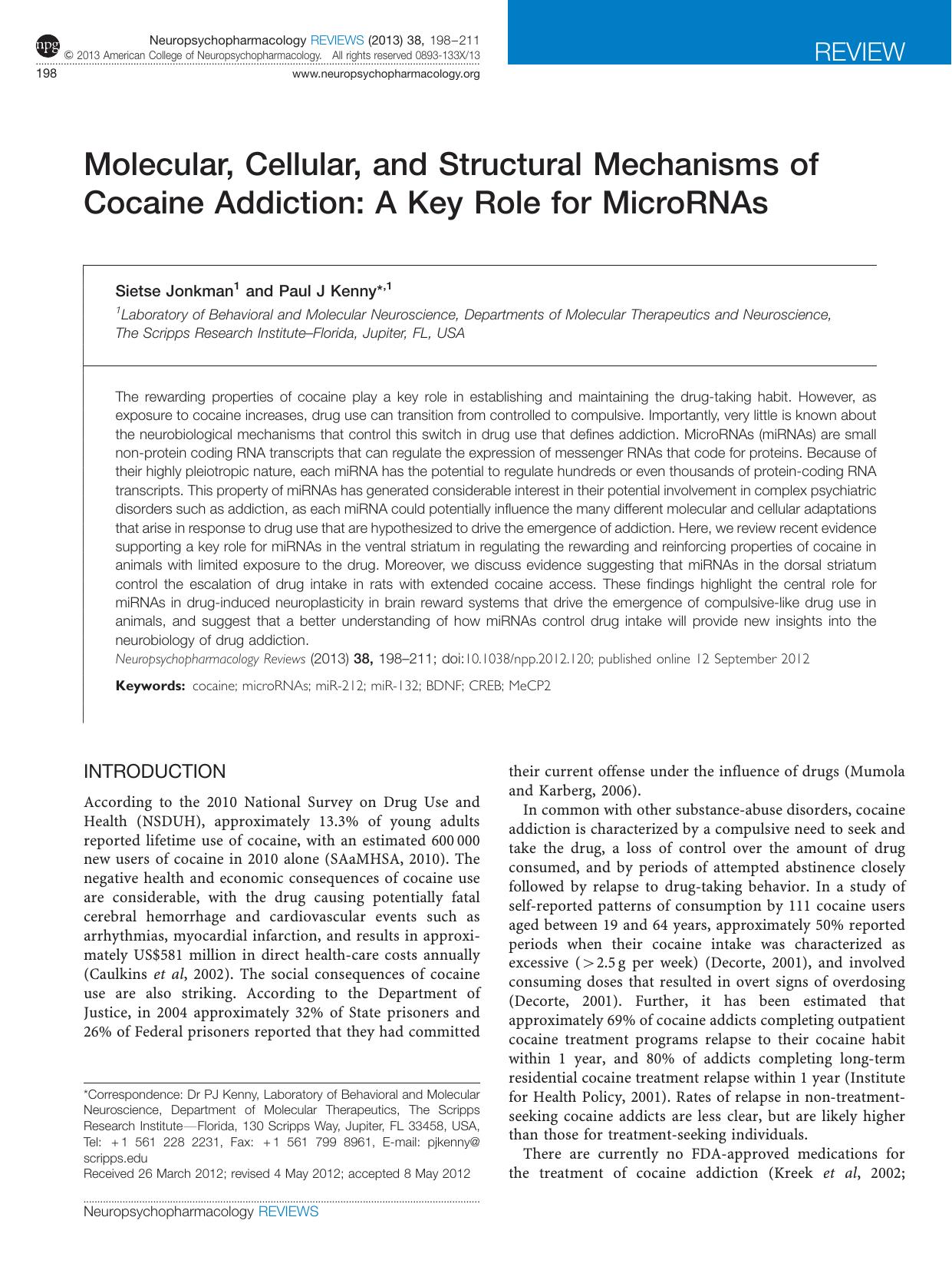 Molecular, Cellular, and Structural Mechanisms of Cocaine Addiction: A Key Role for MicroRNAs by Sietse Jonkman & Paul J Kenny