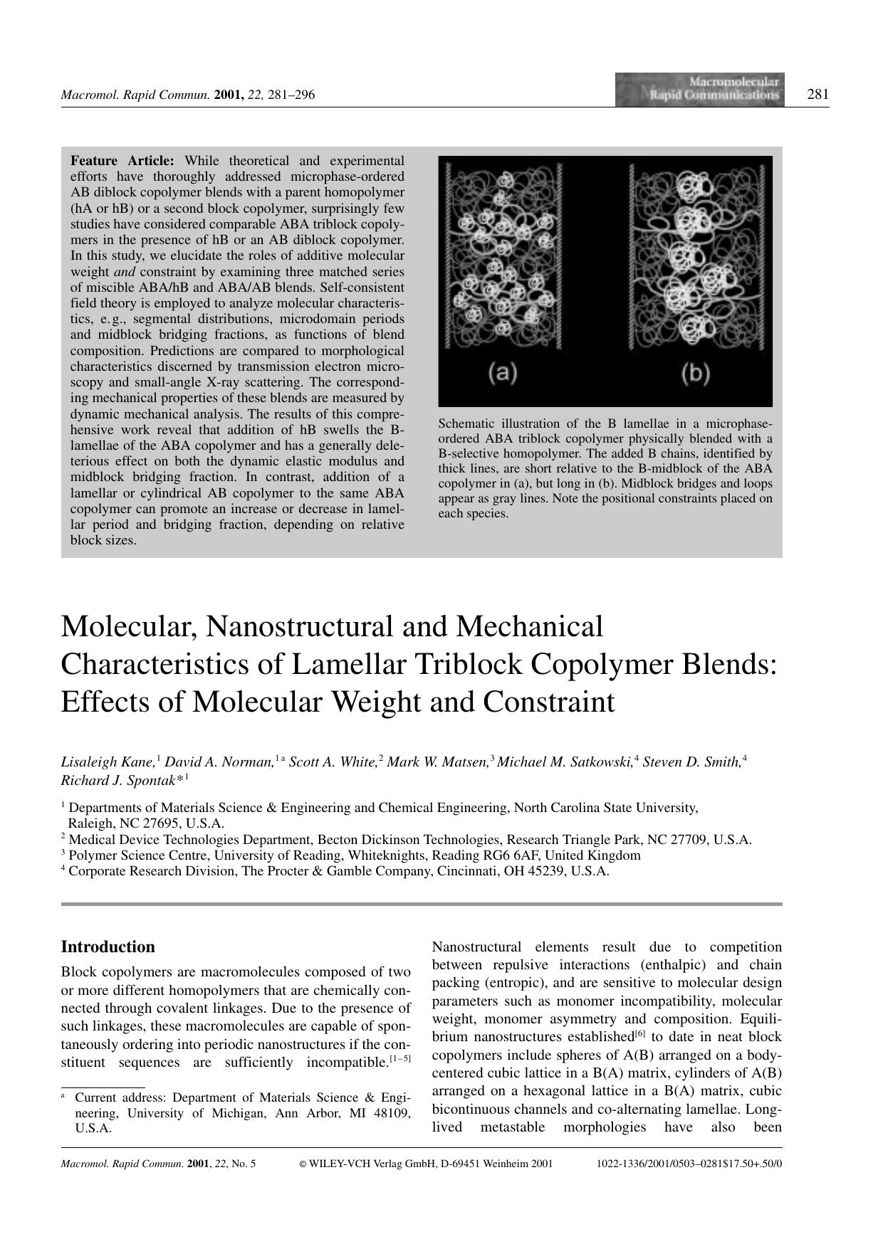 Molecular, Nanostructural and Mechanical Characteristics of Lamellar Triblock Copolymer Blends: Effects of Molecular Weight and Constraint by Unknown