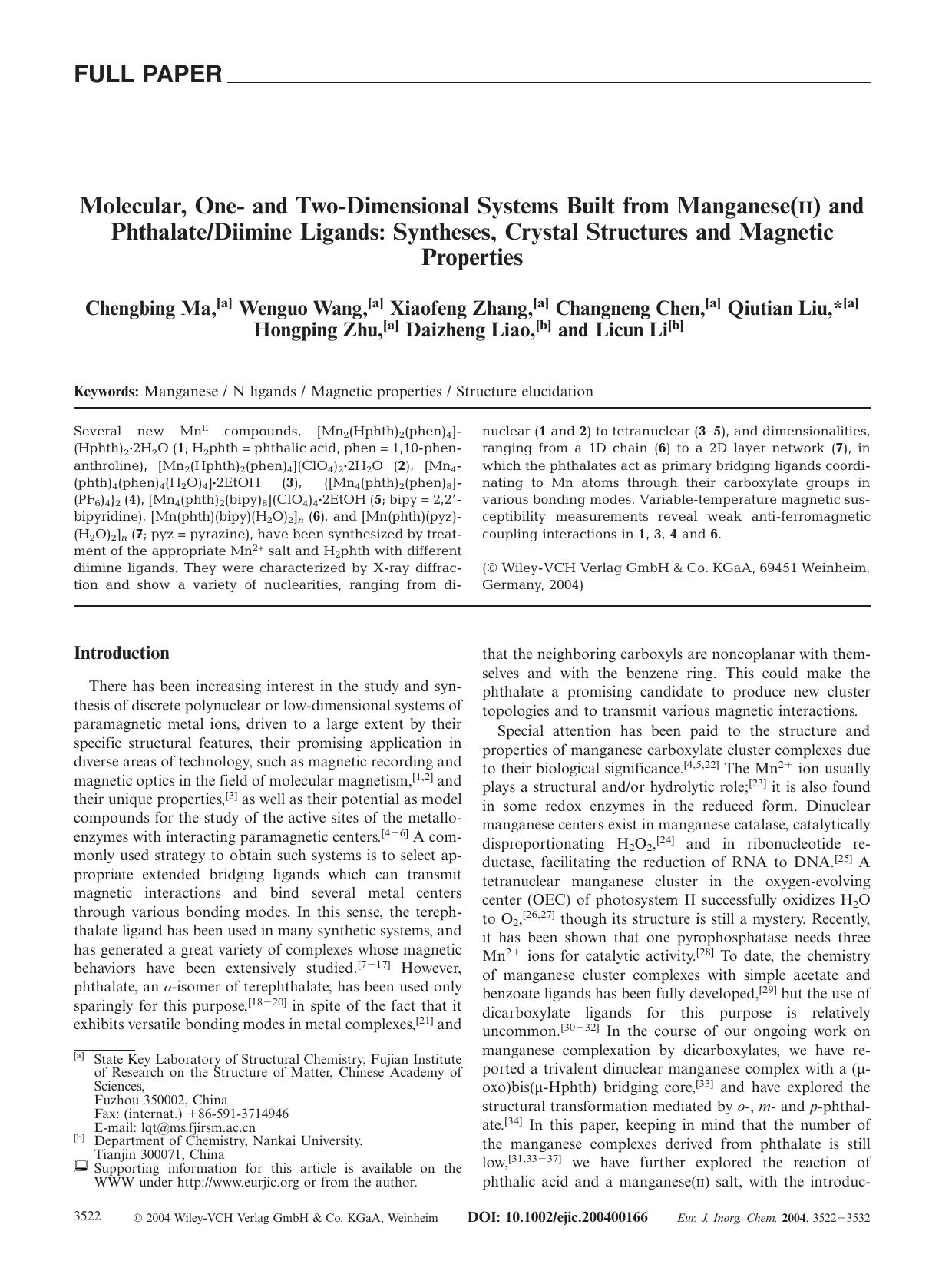 Molecular, One- and Two-Dimensional Systems Built from Manganese(II) and PhthalateDiimine Ligands: Syntheses, Crystal Structures and Magnetic Properties by Unknown