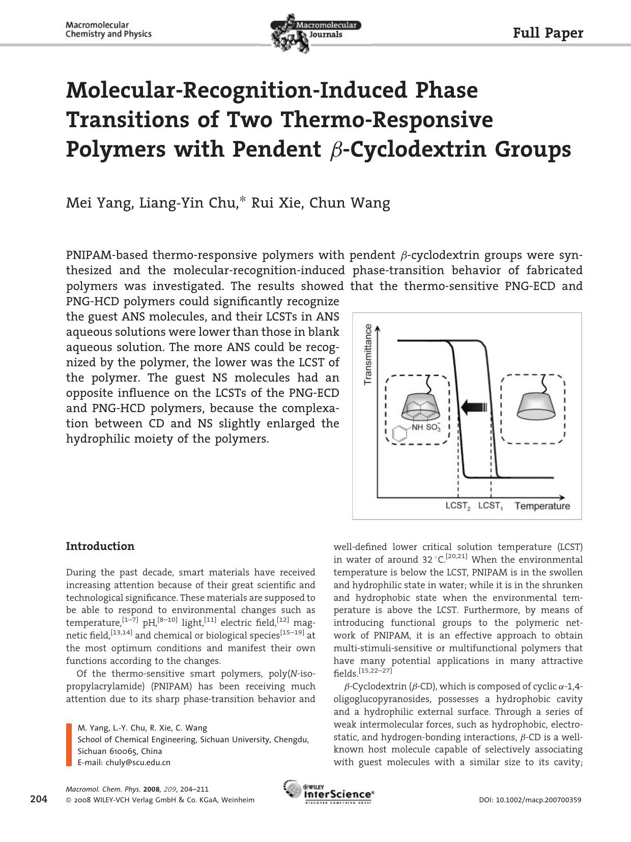 Molecular-Recognition-Induced Phase Transitions of Two Thermo-Responsive Polymers with Pendent [beta]-Cyclodextrin Groups by Unknown