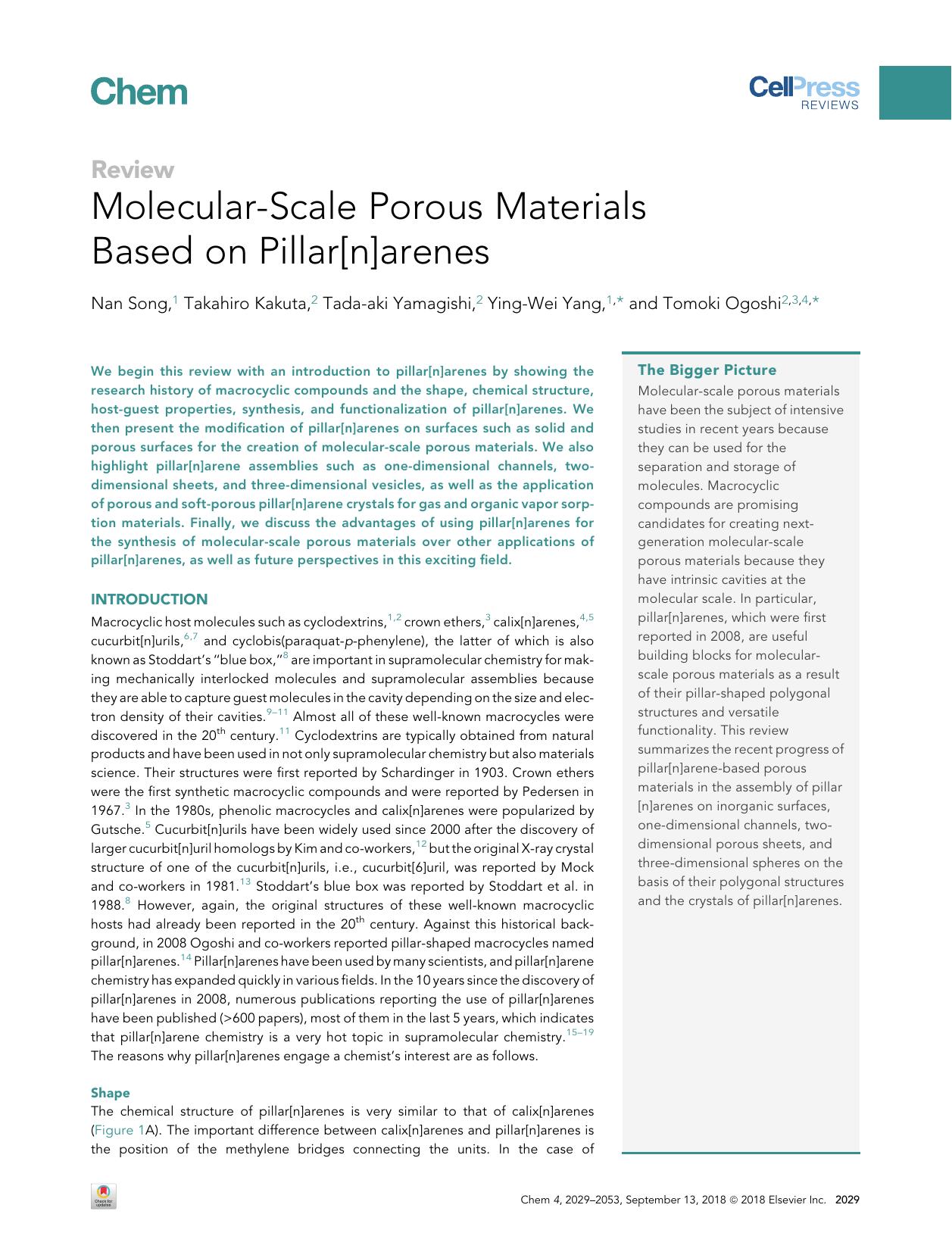 Molecular-Scale Porous Materials Based on Pillar[n]arenes by Nan Song & Takahiro Kakuta & Tada-aki Yamagishi & Ying-Wei Yang & Tomoki Ogoshi