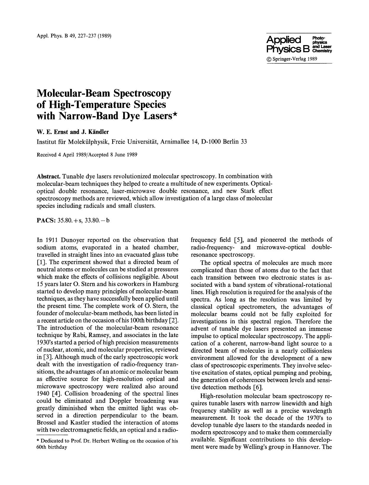 Molecular-beam spectroscopy of high-temperature species with narrow-band dye lasers by Unknown