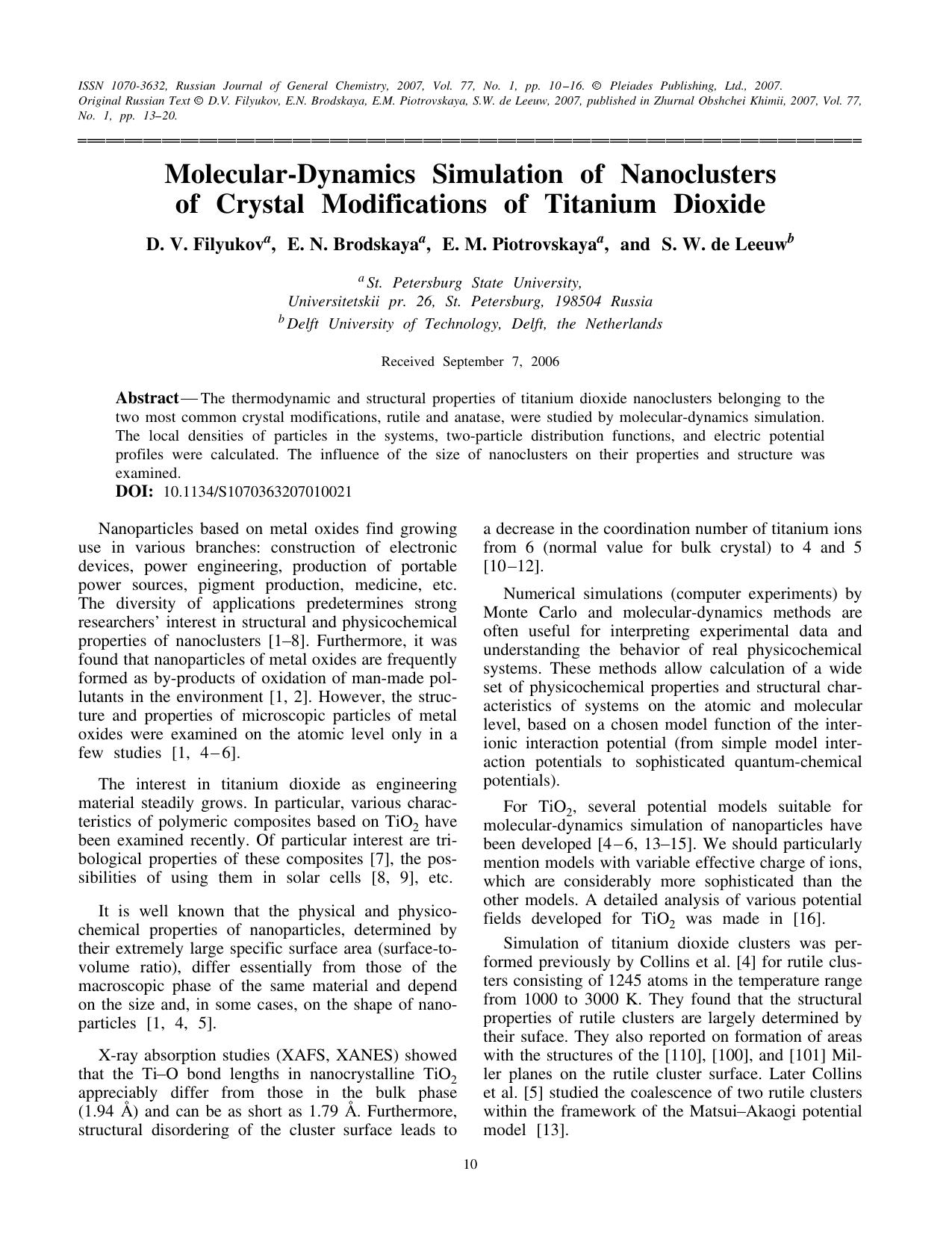 Molecular-dynamics simulation of nanoclusters of crystal modifications of titanium dioxide by Unknown